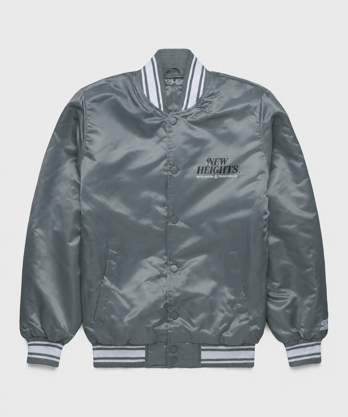 The New Heights 92%ers Gray Satin Jacket with team logo on a white background
