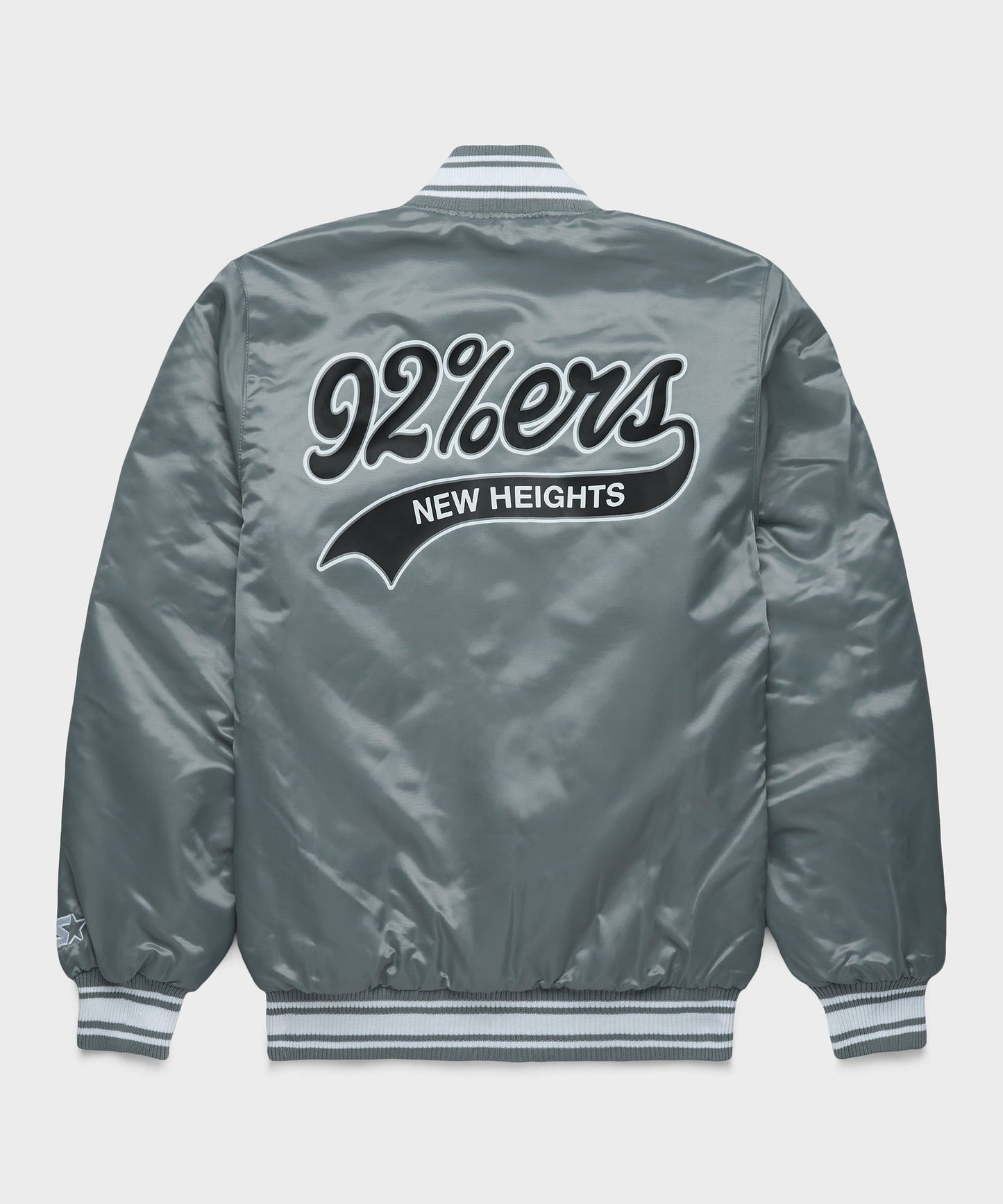 The New Heights 92%ers Gray Satin Jacket with "New Heights 92%ers" logo on a white background