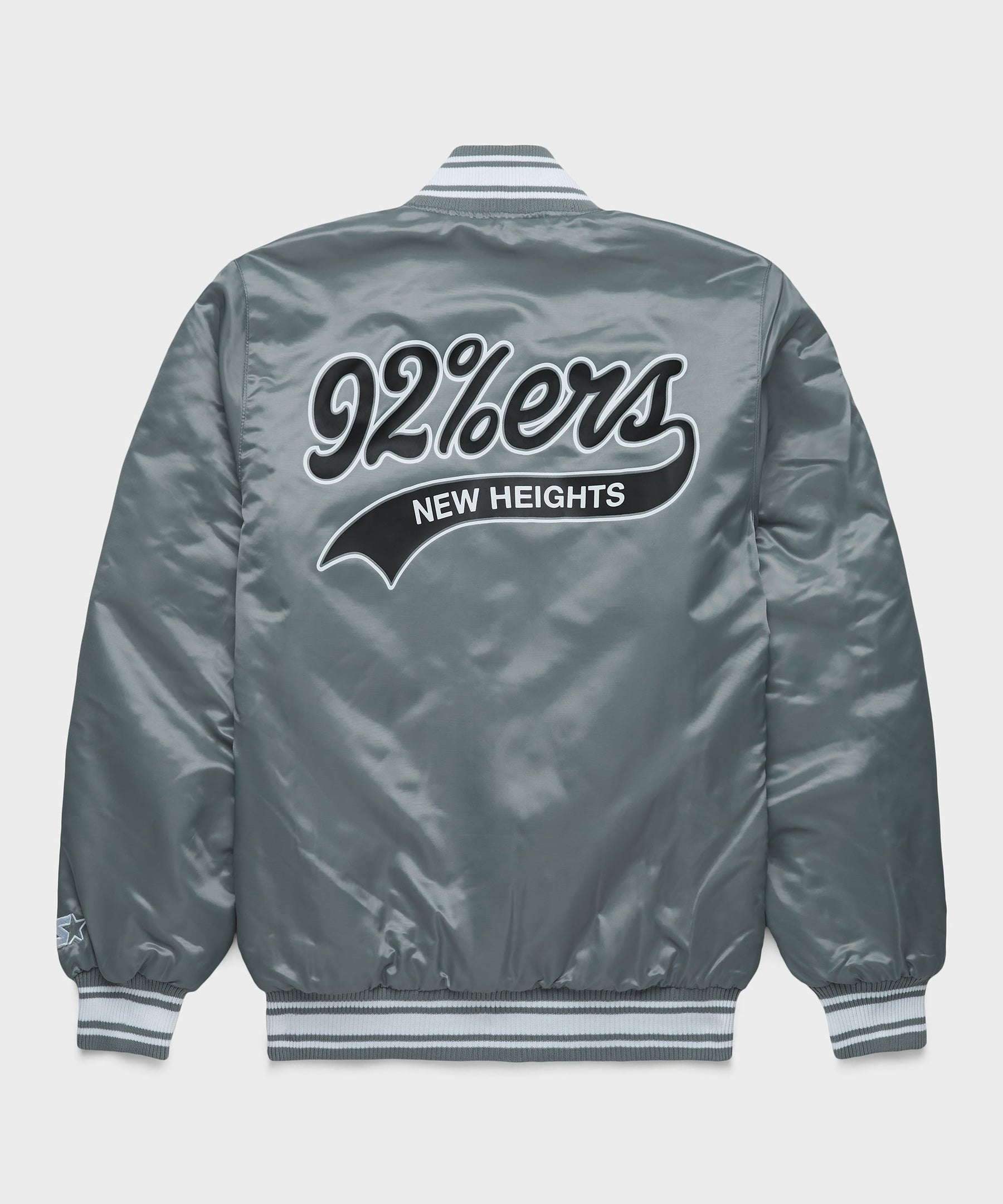 The New Heights 92%ers Gray Satin Jacket with "New Heights 92%ers" logo on a white background