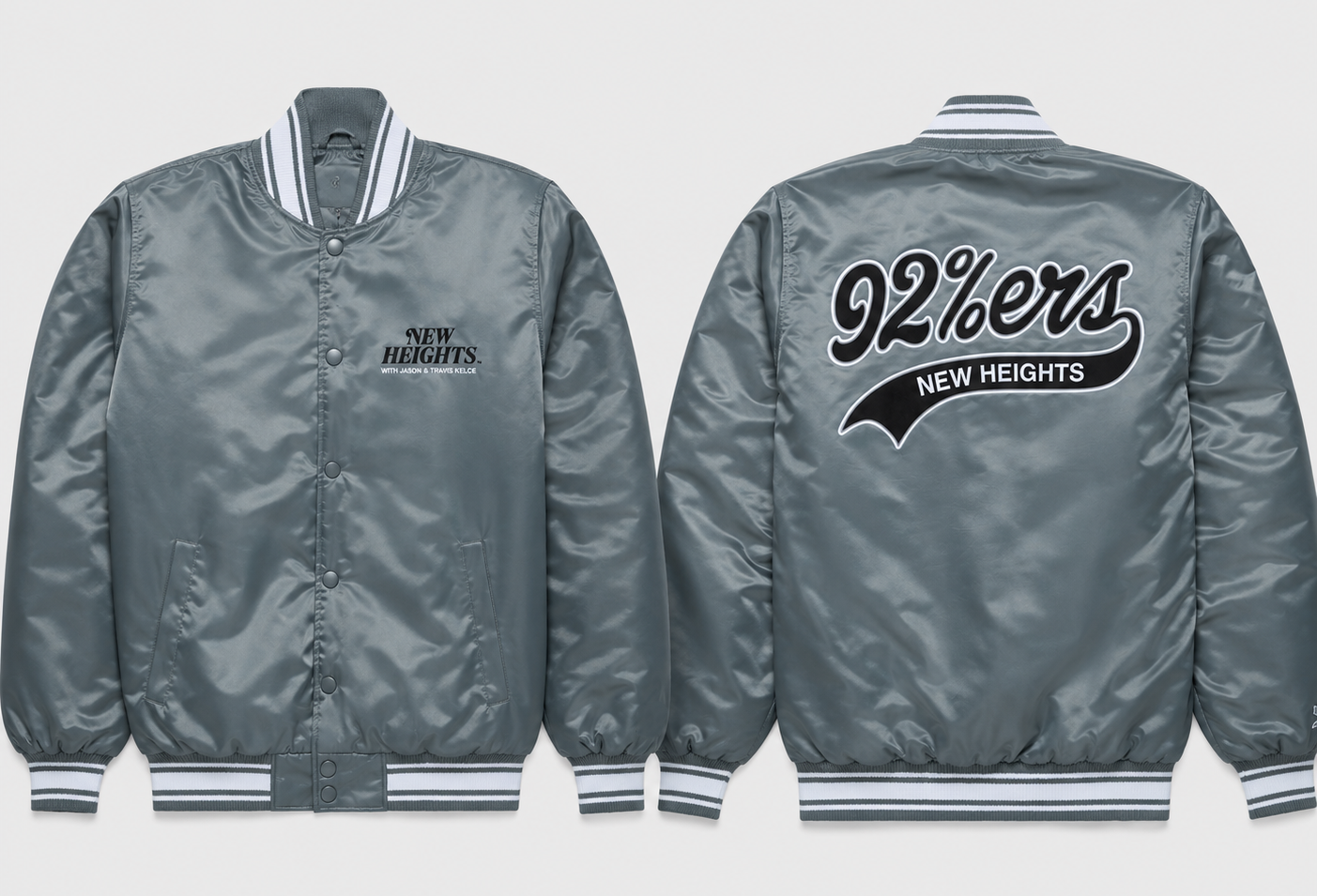 The New Heights 92%ers Gray Satin Jacket with team logos on a white background