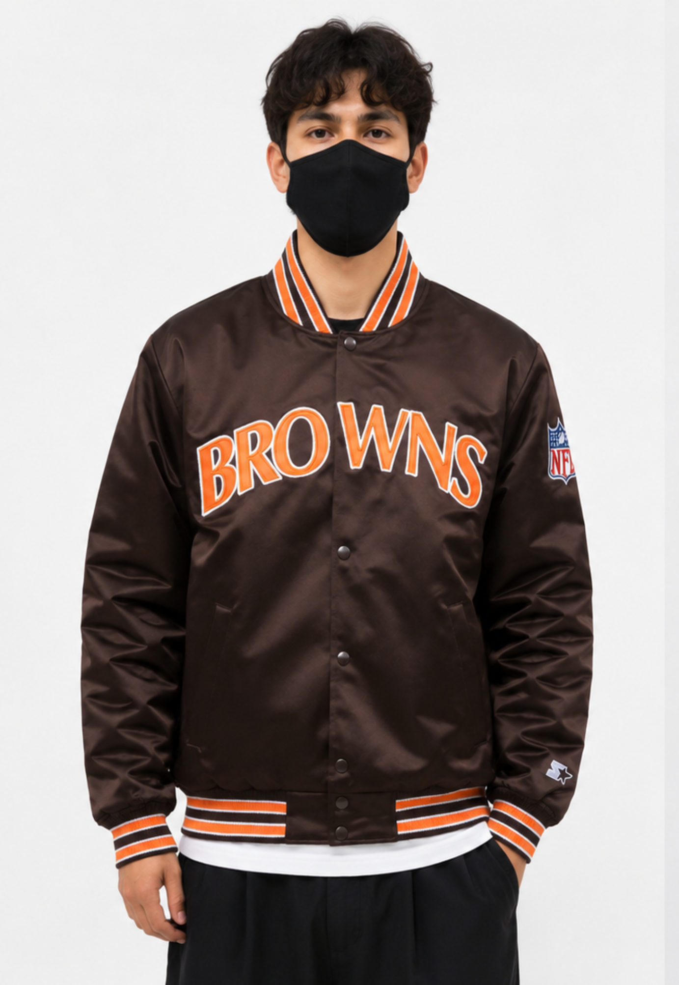 A Men Wearing The Cleveland Browns Brown Satin Jacket with team logos with White Background