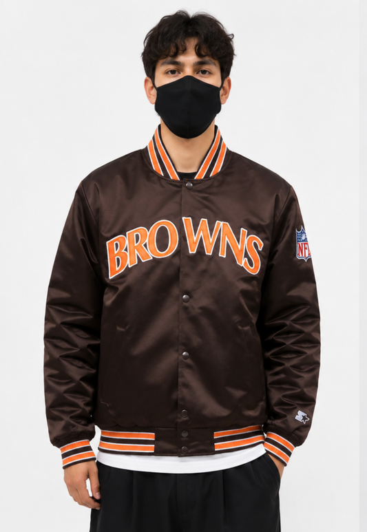 A Men Wearing The Cleveland Browns Brown Satin Jacket with team logos with White Background