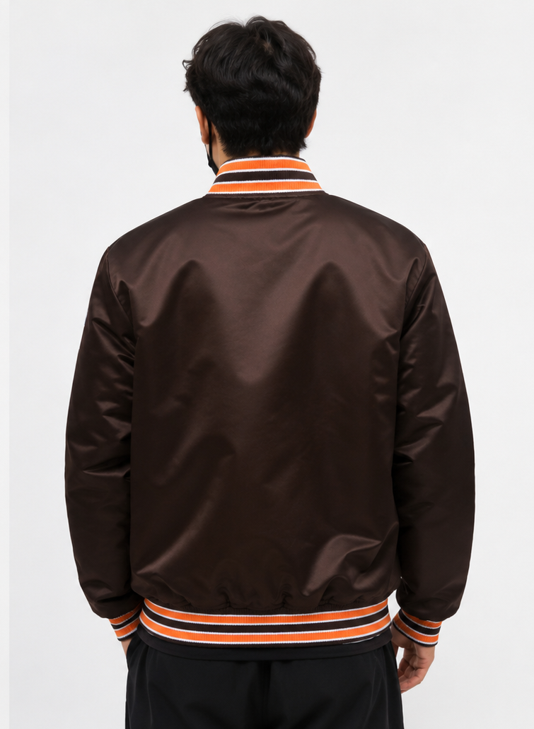 Men Wearing The Cleveland Browns Brown Satin Jacket with White Background