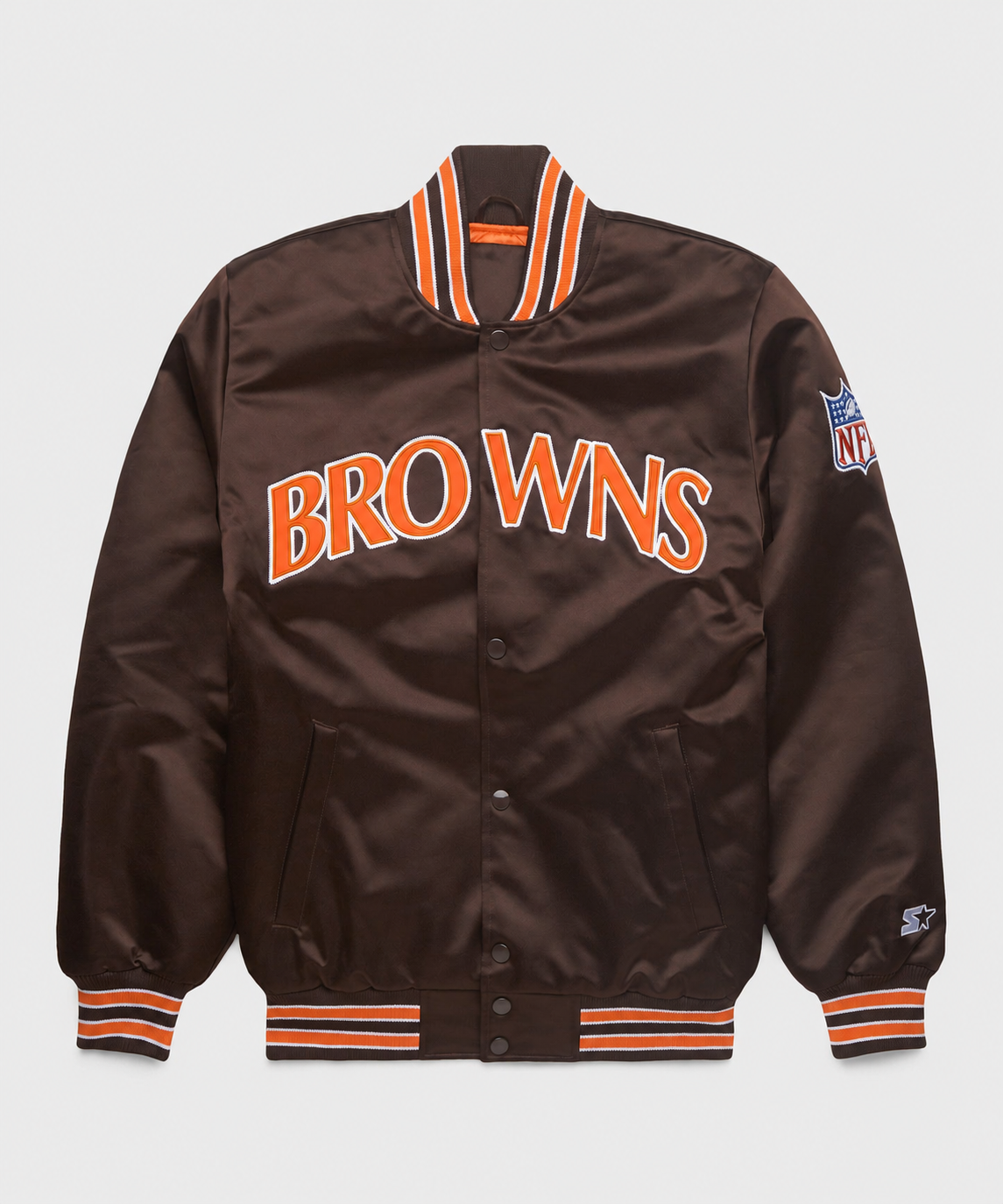 The Cleveland Browns Brown Satin Jacket with team logos with White Background