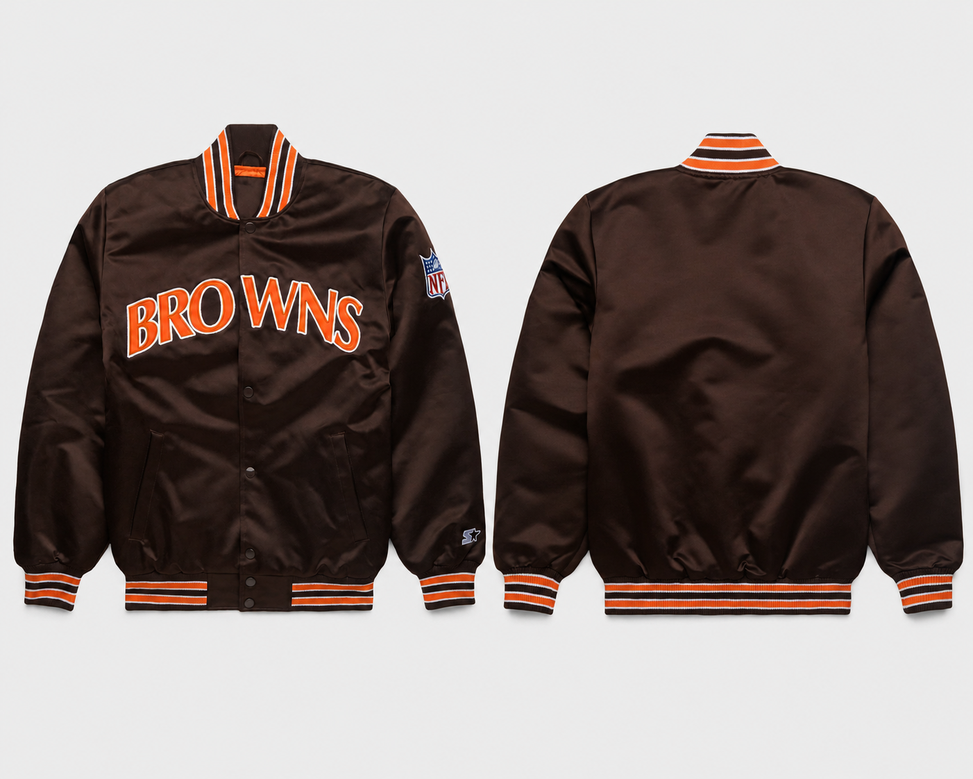 The Cleveland Browns Brown Satin Jacket with team logos with White Background