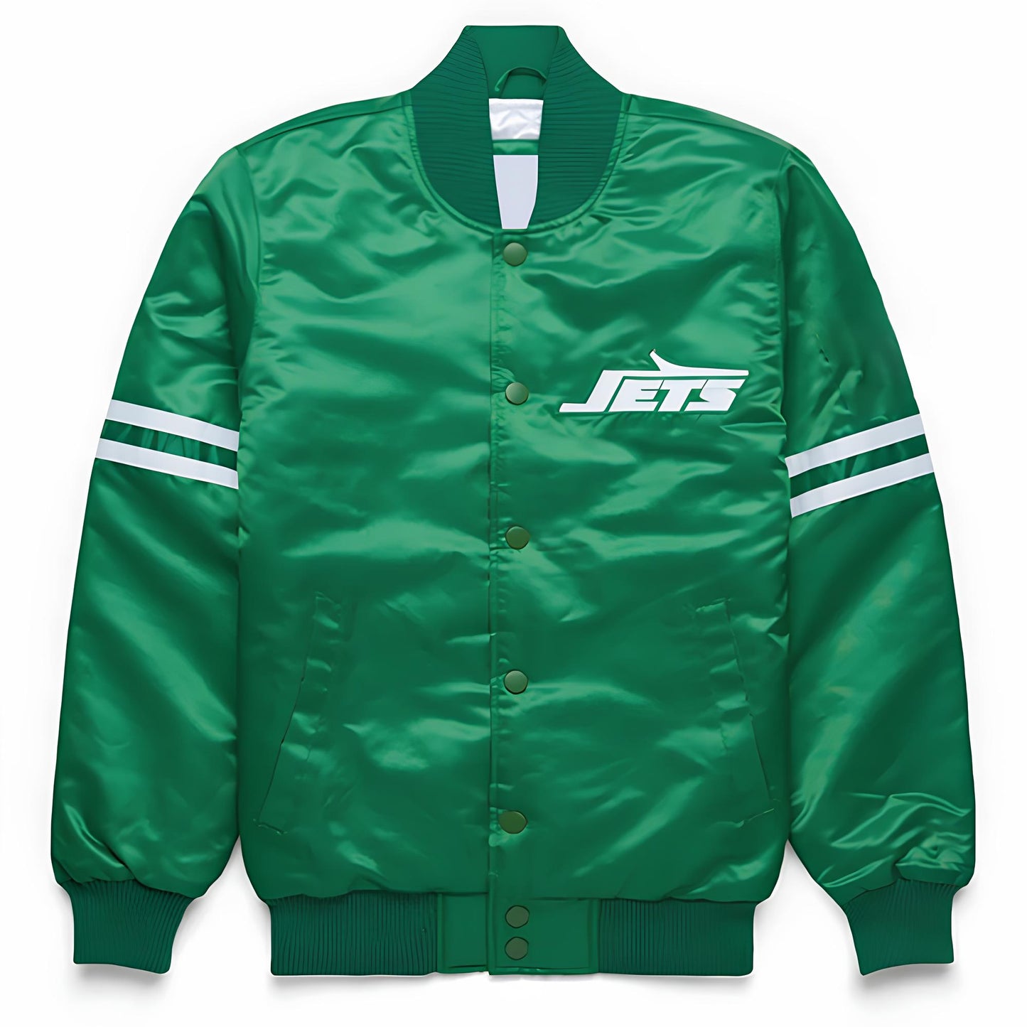 Green jacket with 'Jets' logo on a white background