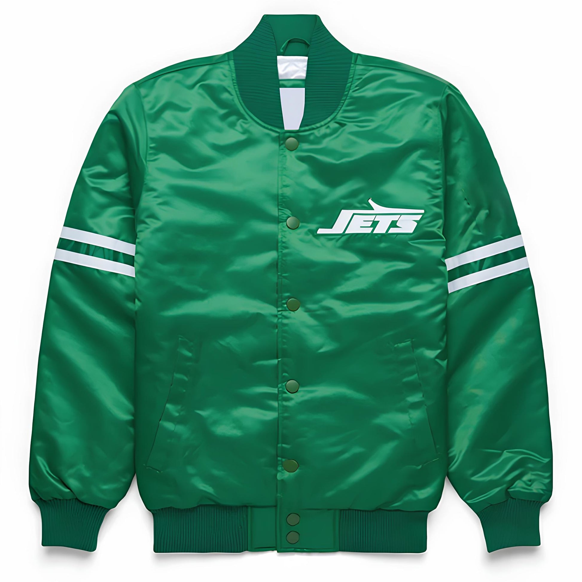 Green jacket with 'Jets' logo on a white background