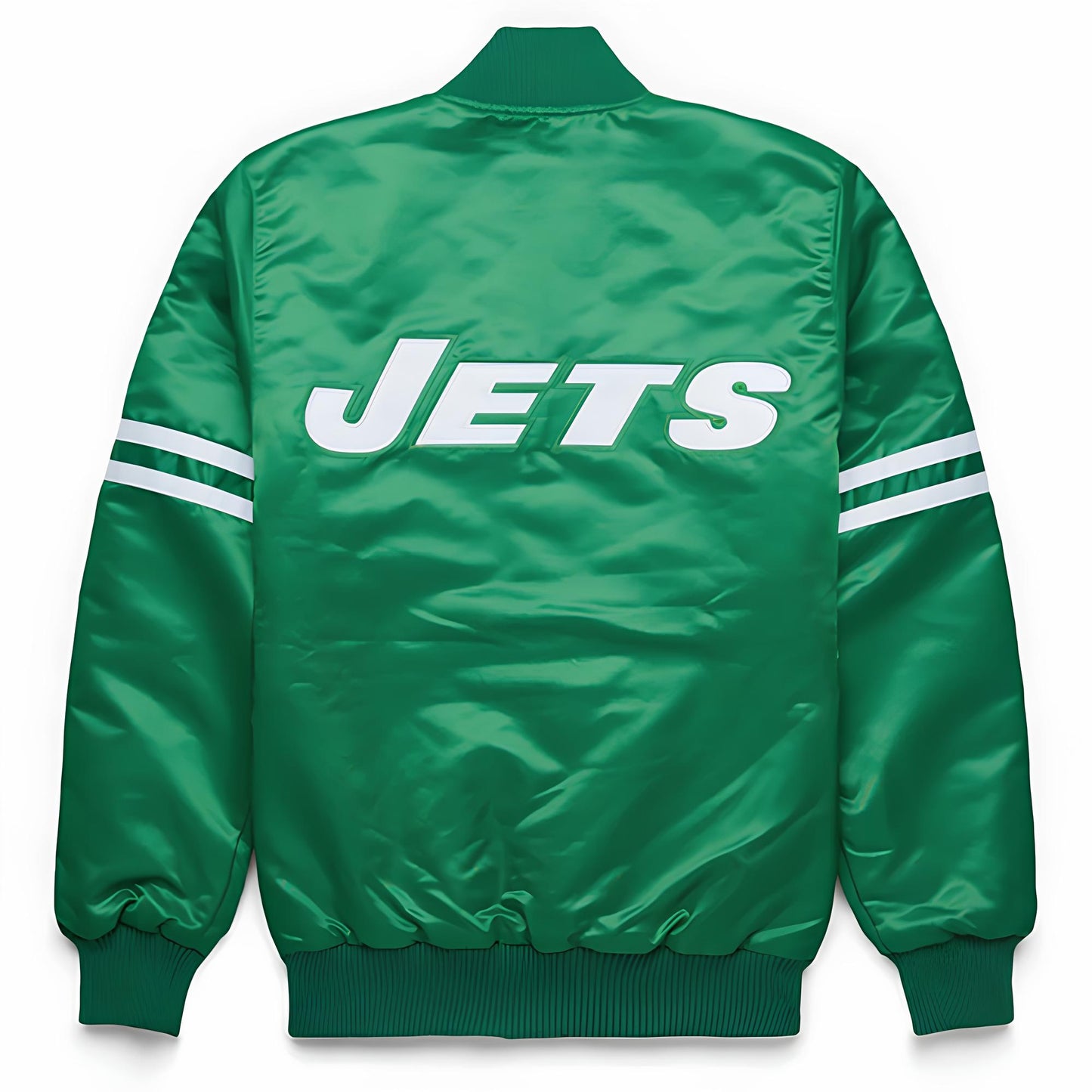 Green jacket with 'JETS' text on the back against a white background