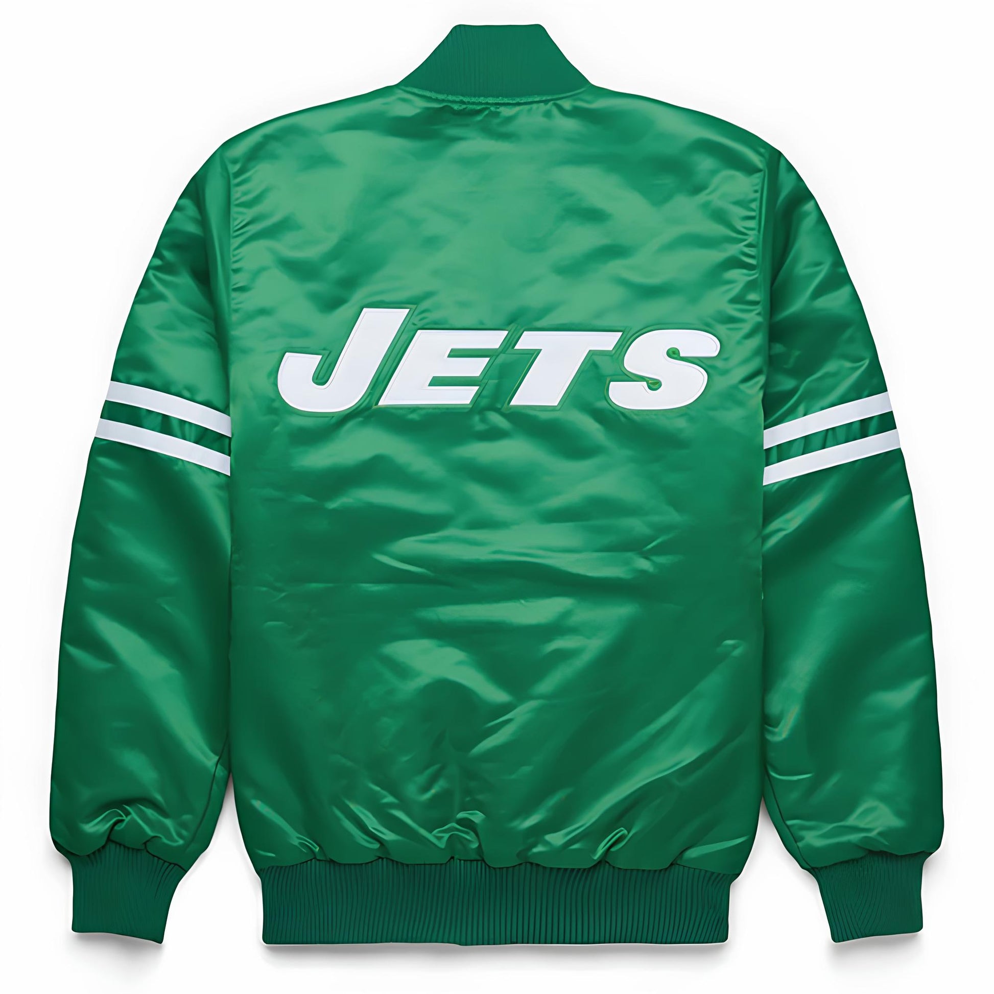 Green jacket with 'JETS' text on the back against a white background