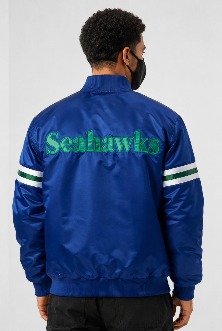 Men Wearing the Seattle Seahawks Royal Blue Satin jacket with "Seahawks"  logo with White background