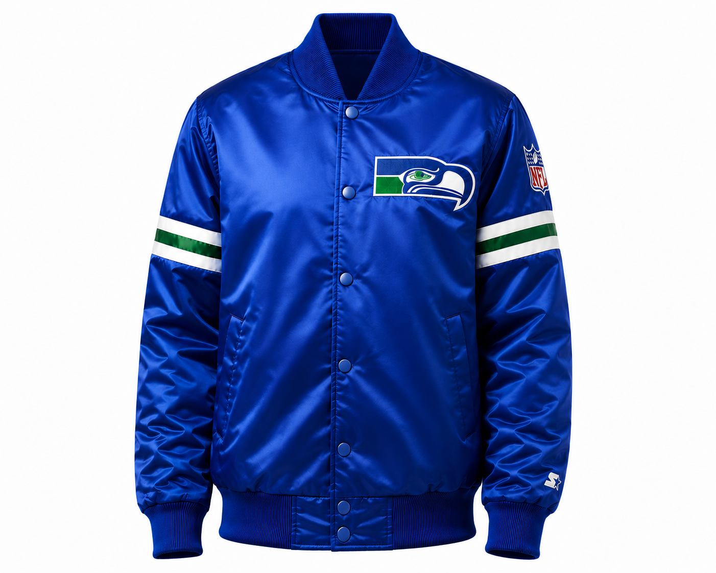 The Seattle Seahawks Royal Blue Satin jacket with team logos with White background