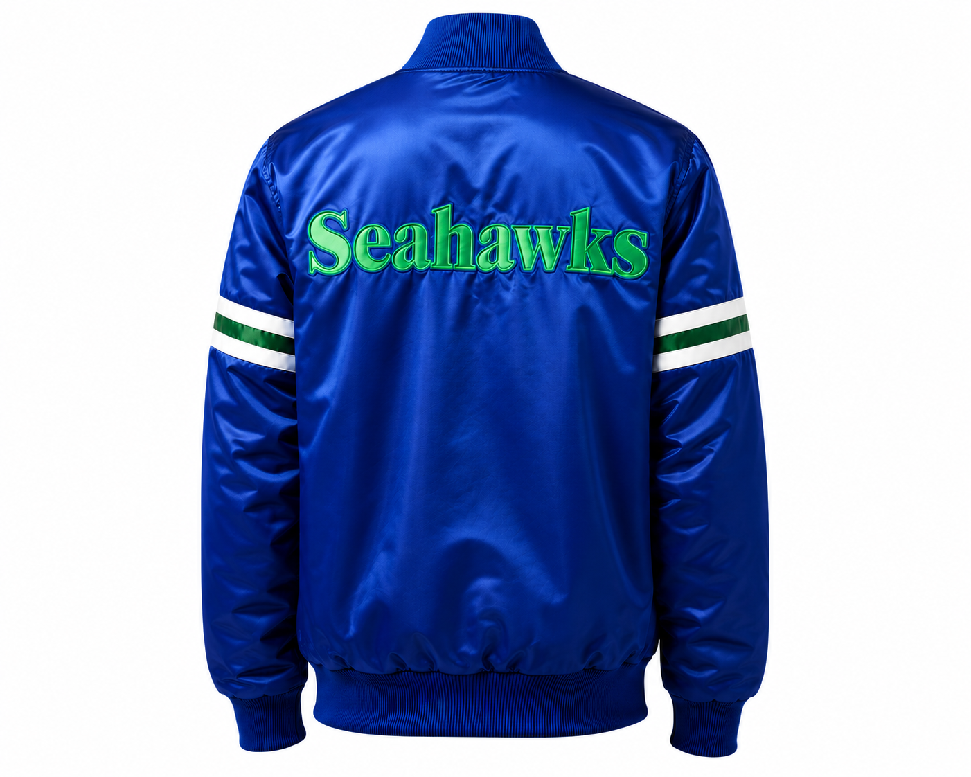 The Seattle Seahawks Royal Blue Satin jacket with "Seahawks" logo with White background