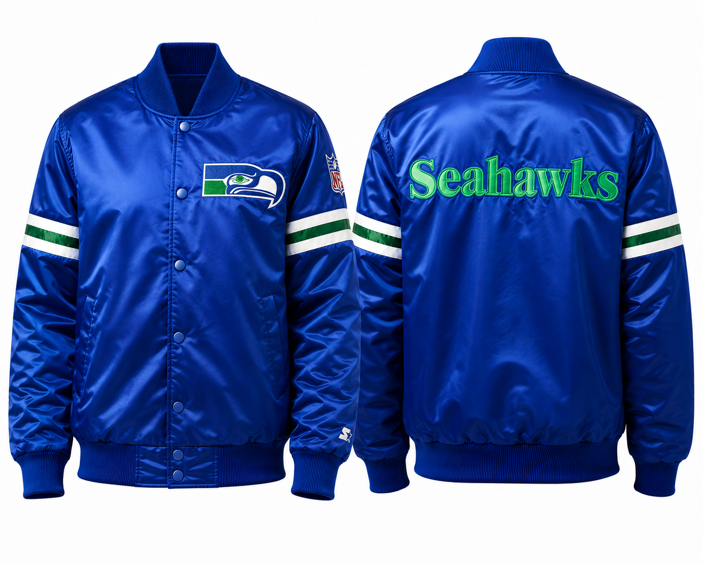 The Seattle Seahawks Royal Blue Satin jacket with team logos with White background