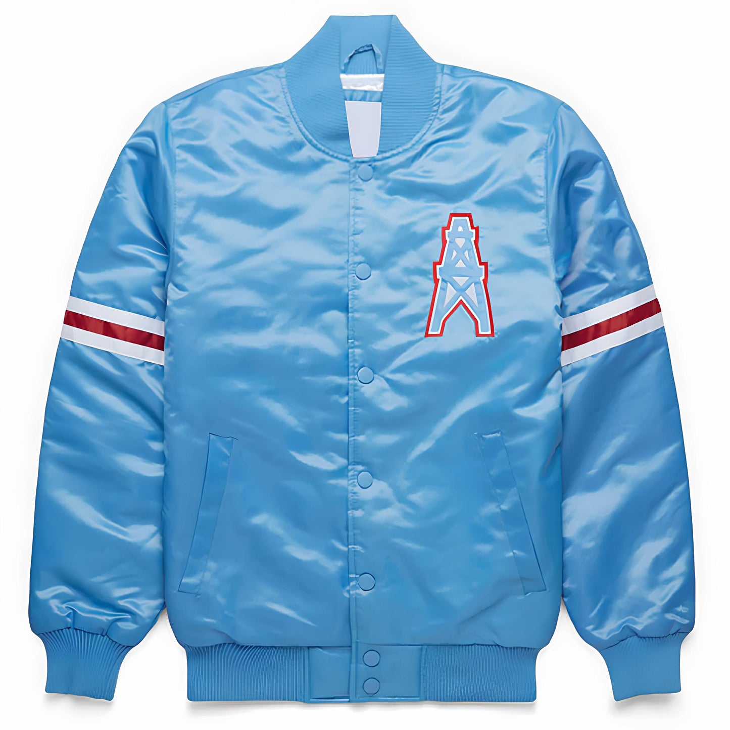 Sky Blue satin jacket with a Houston Oilers logo on the chest against a white background
