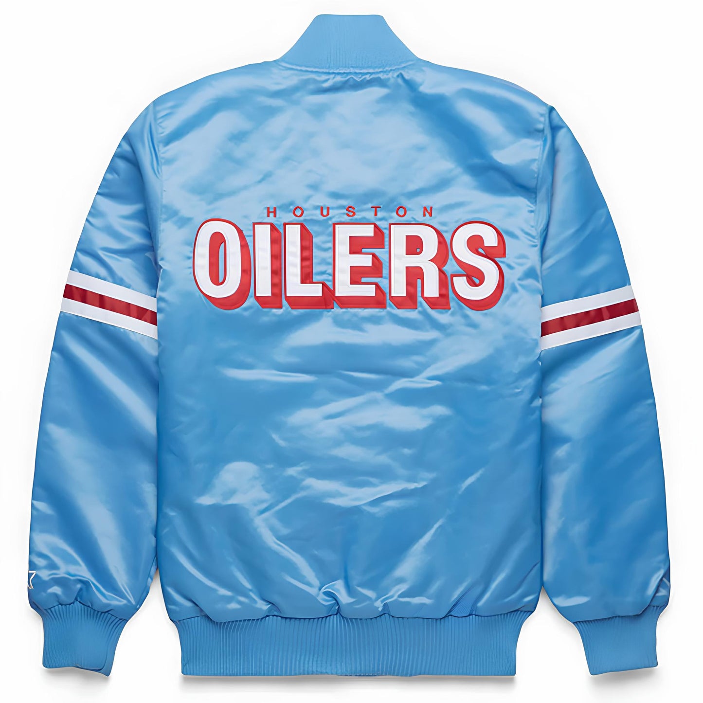 Sky Blue jacket with 'Houston Oilers' text on the back against a white background