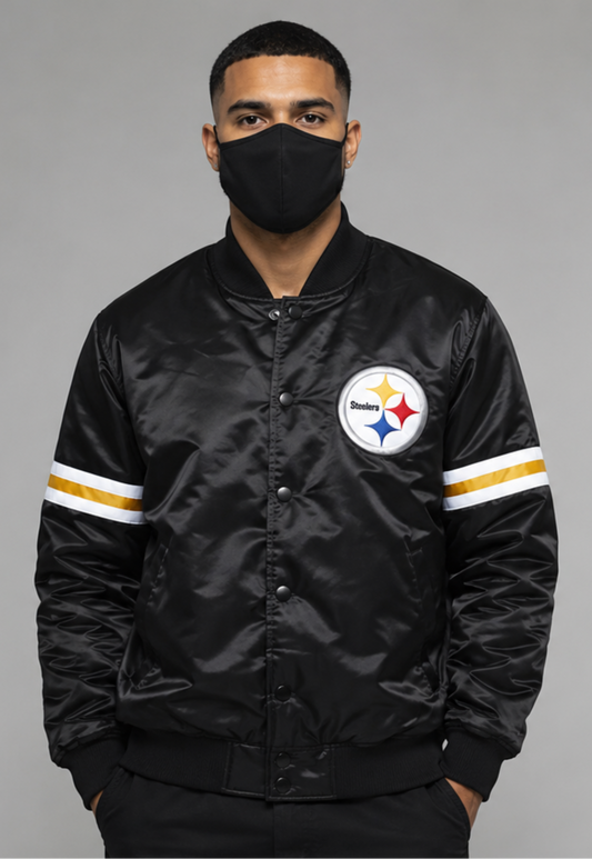 Person wearing a Pittsburgh Steelers black satin jacket with a logo on a gray background