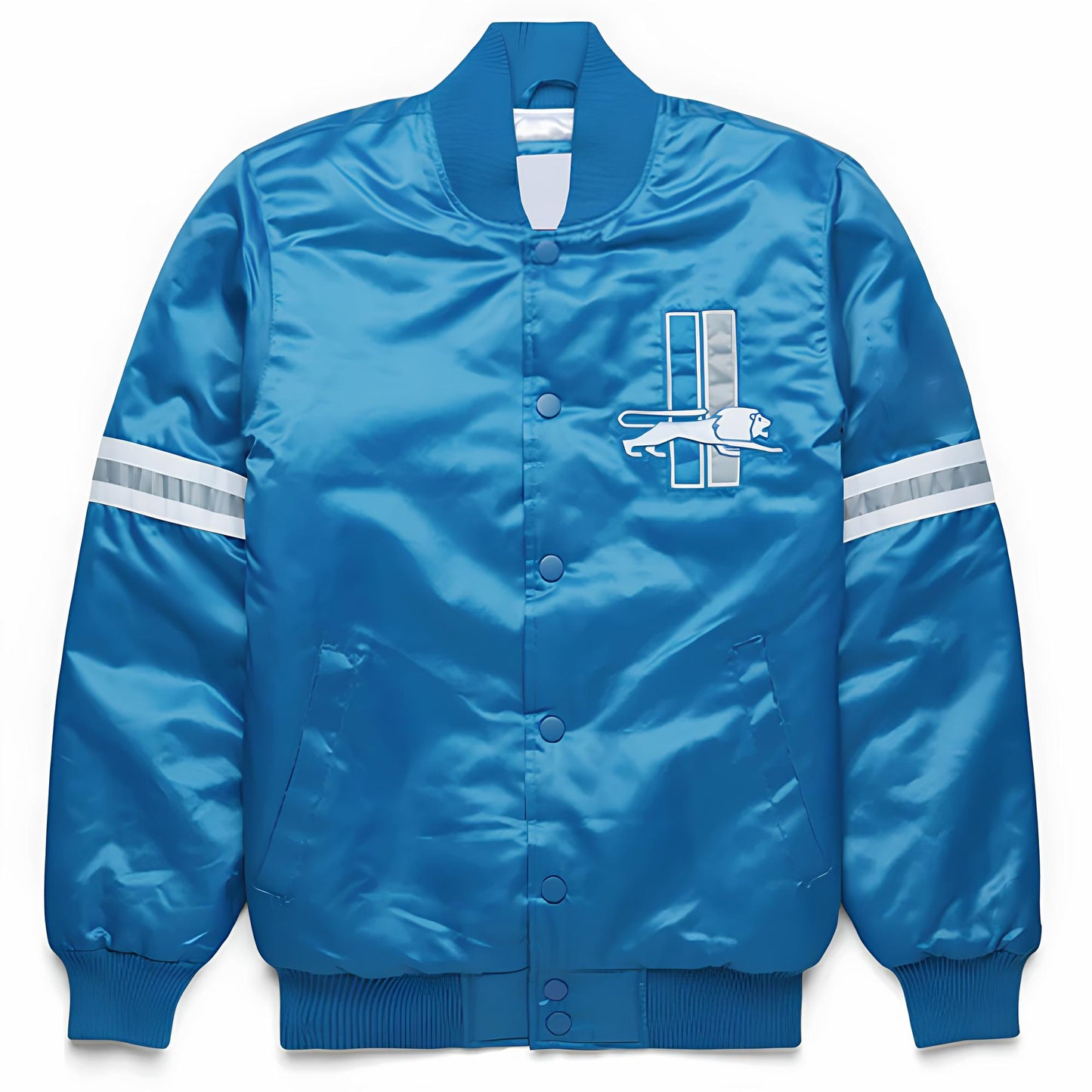 Detroit Lions Blue satin jacket with a logo on the chest against a white background
