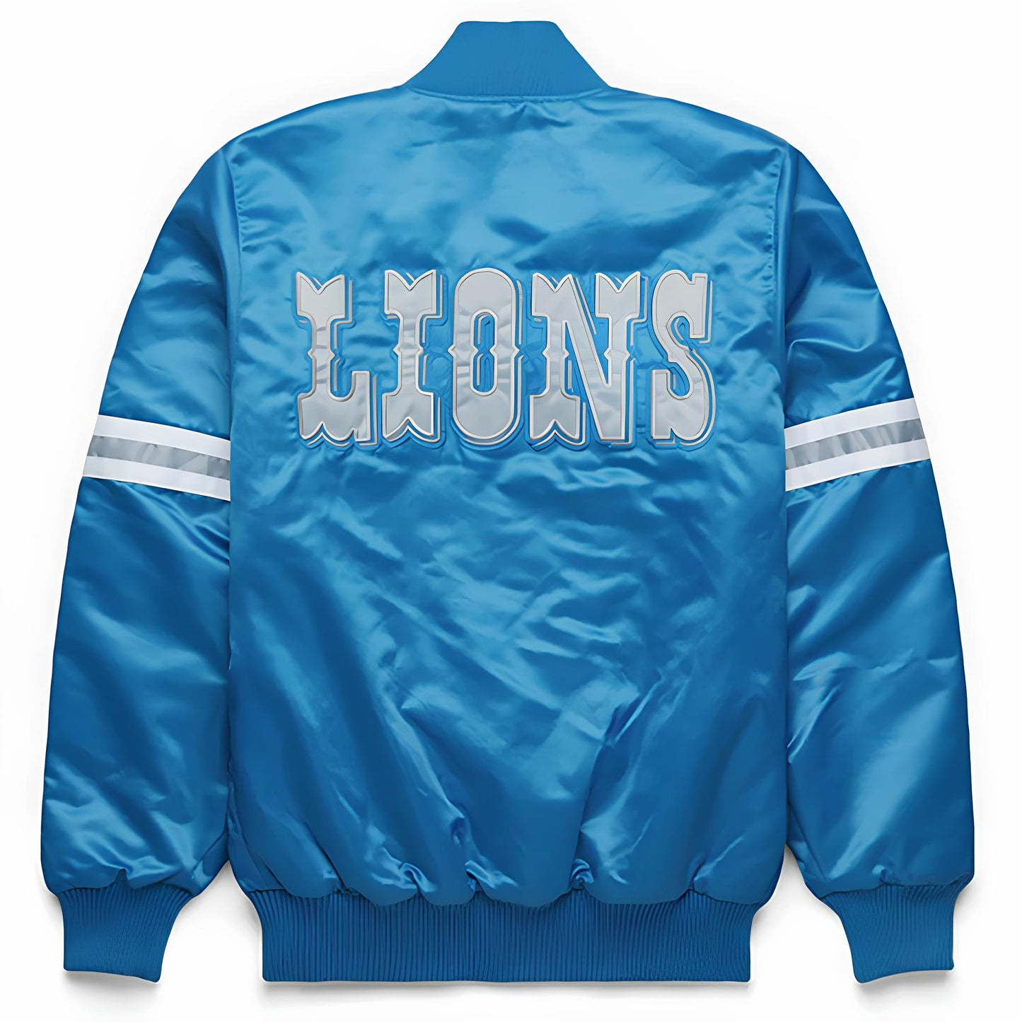 Detroit Lions Blue satin jacket with a "LIONS" lettering on the back against a white background