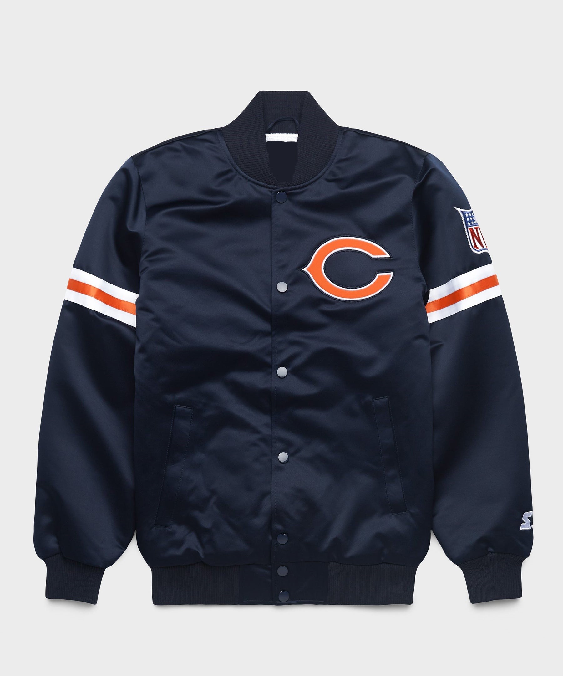 Navy blue jacket with orange and white accents featuring a logo on a light gray background