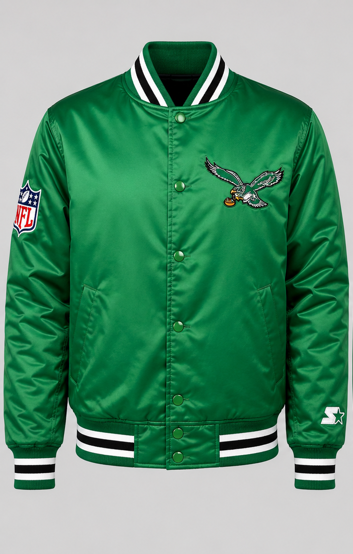 Philadelphia Eagles Green satin jacket with logo and NFL branding on a gray background