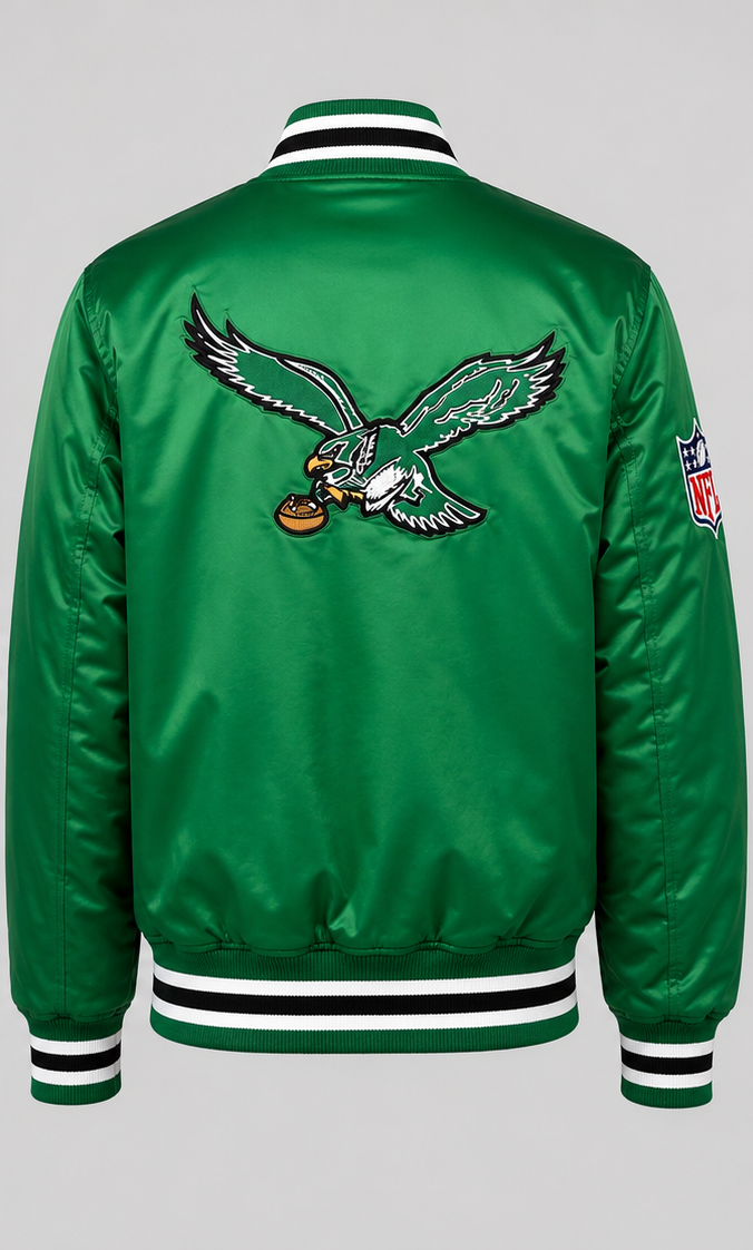 Philadelphia Eagles Green satin jacket with eagle logo on a gray background