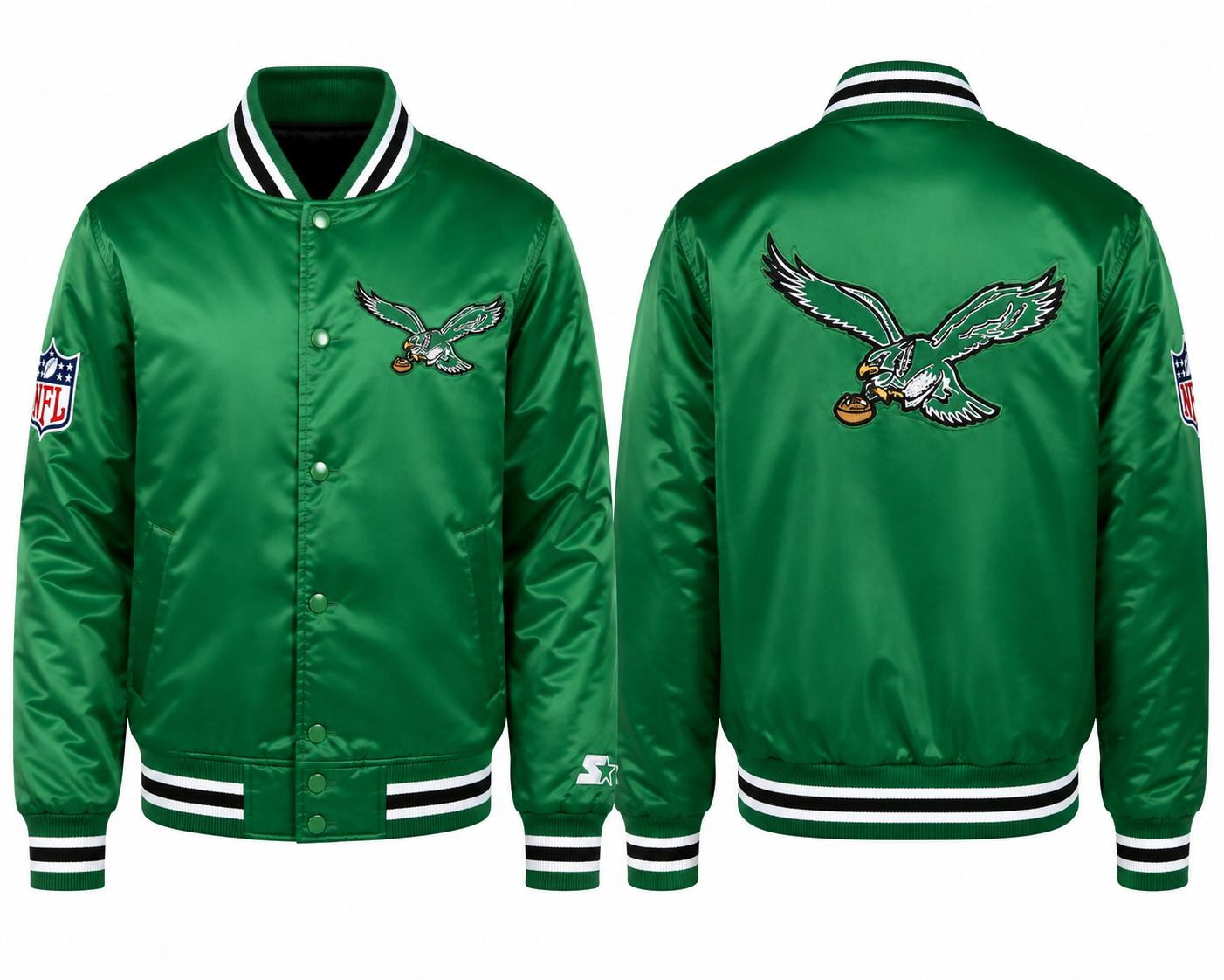 Philadelphia Eagles Green jacket with eagle logo on front and back, featuring NFL logo.