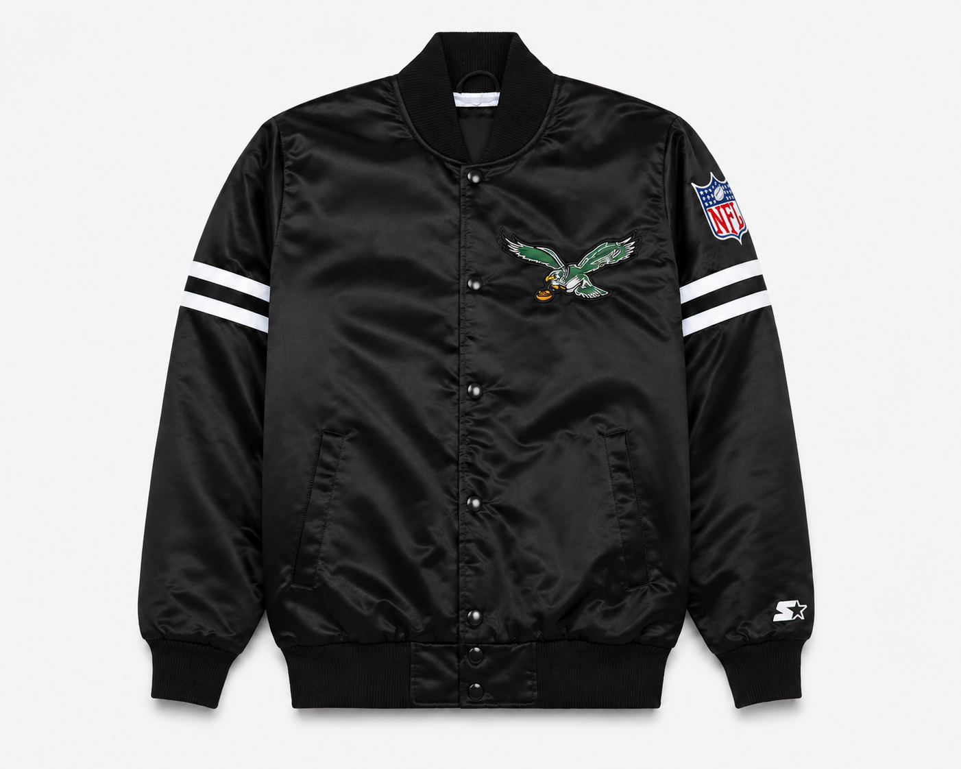 Philadelphia Eagles Black satin jacket with embroidered eagle logo and NFL branding on a white background