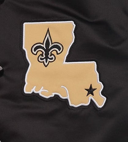 New Orleans Saints Louisiana-shaped patch with a fleur-de-lis logo on a black background