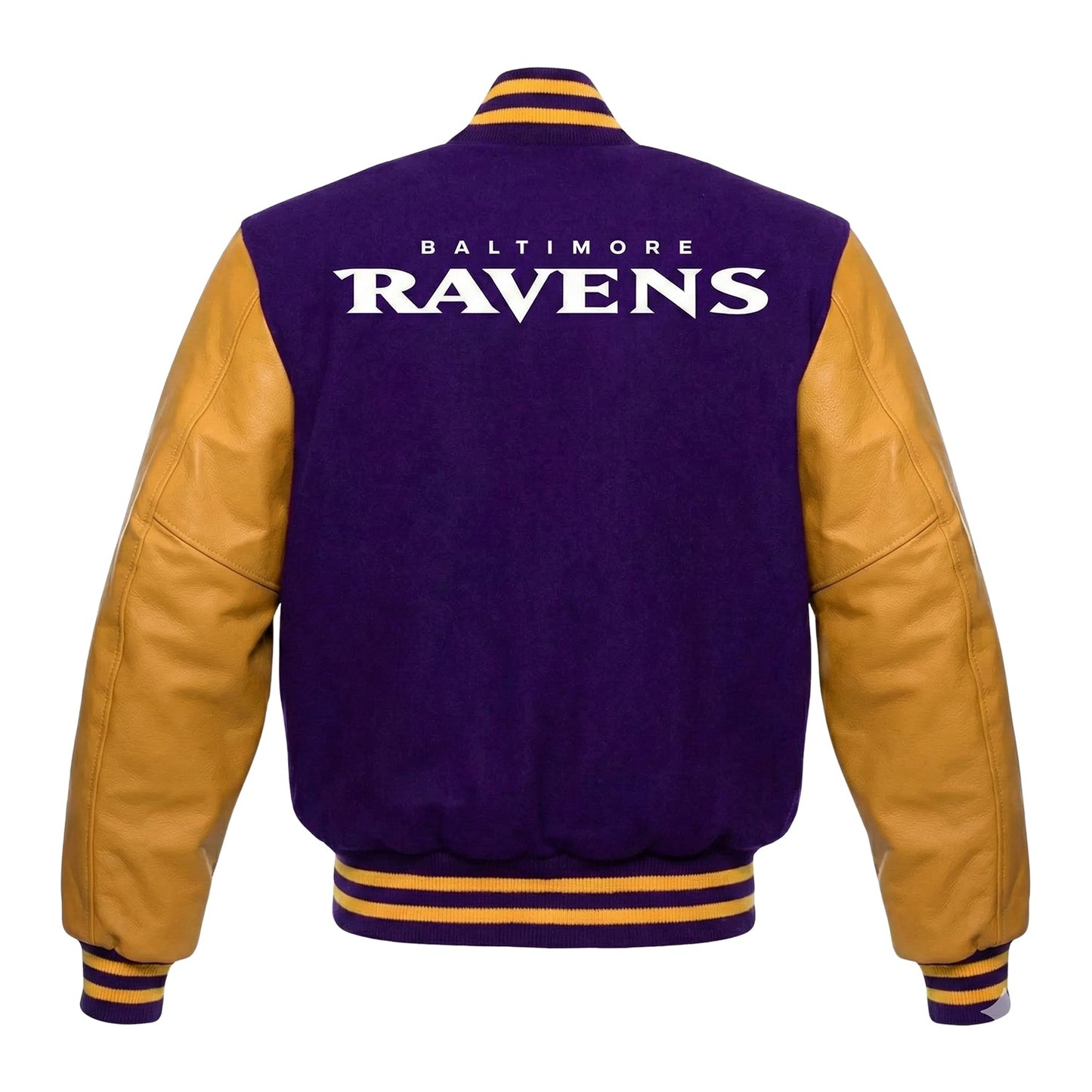 A Baltimore Ravens varsity jacket shown from the back, featuring a purple body, gold sleeves, and white lettering on a plain white background.
