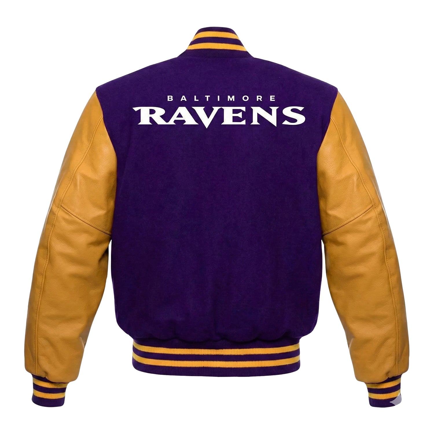 A Baltimore Ravens varsity jacket shown from the back, featuring a purple body, gold sleeves, and white lettering on a plain white background.