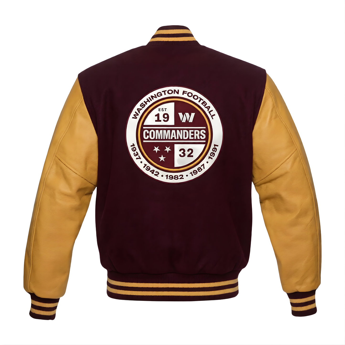 Varsity jacket with 'Washington Football Commanders' logo on the back, featuring maroon and gold colors.