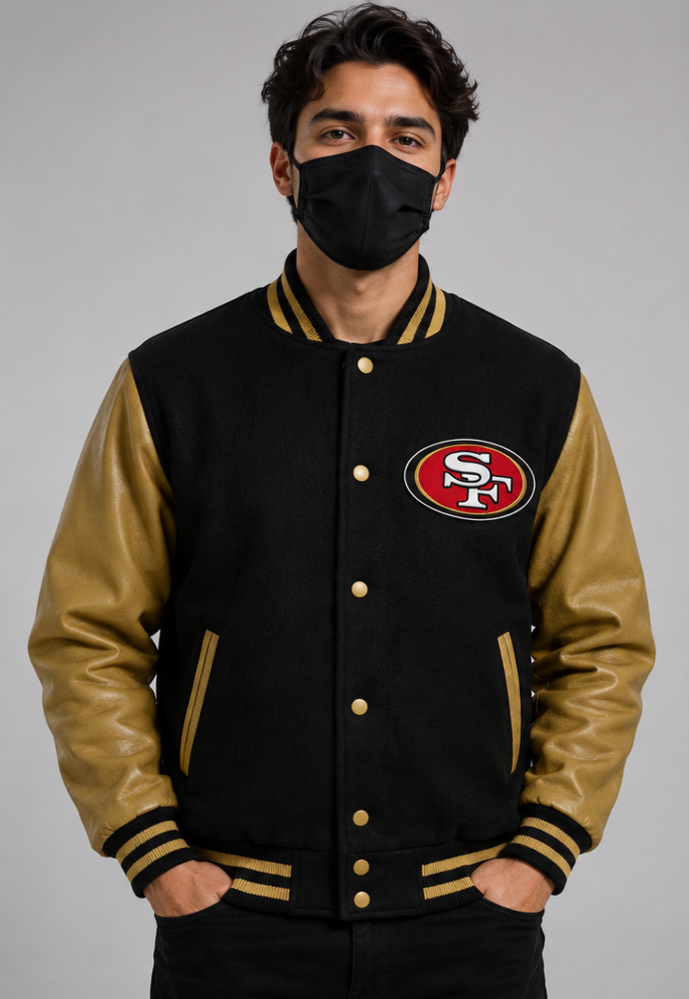 A Men wearing NFL San Francisco 49ers Black & Gold Varsity Letterman Bomber Jacket for Men & Women with grey background