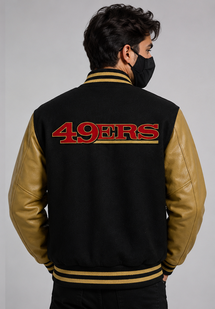 NFL San Francisco 49ers Black & Gold Varsity Letterman Bomber Jacket for Men & Women