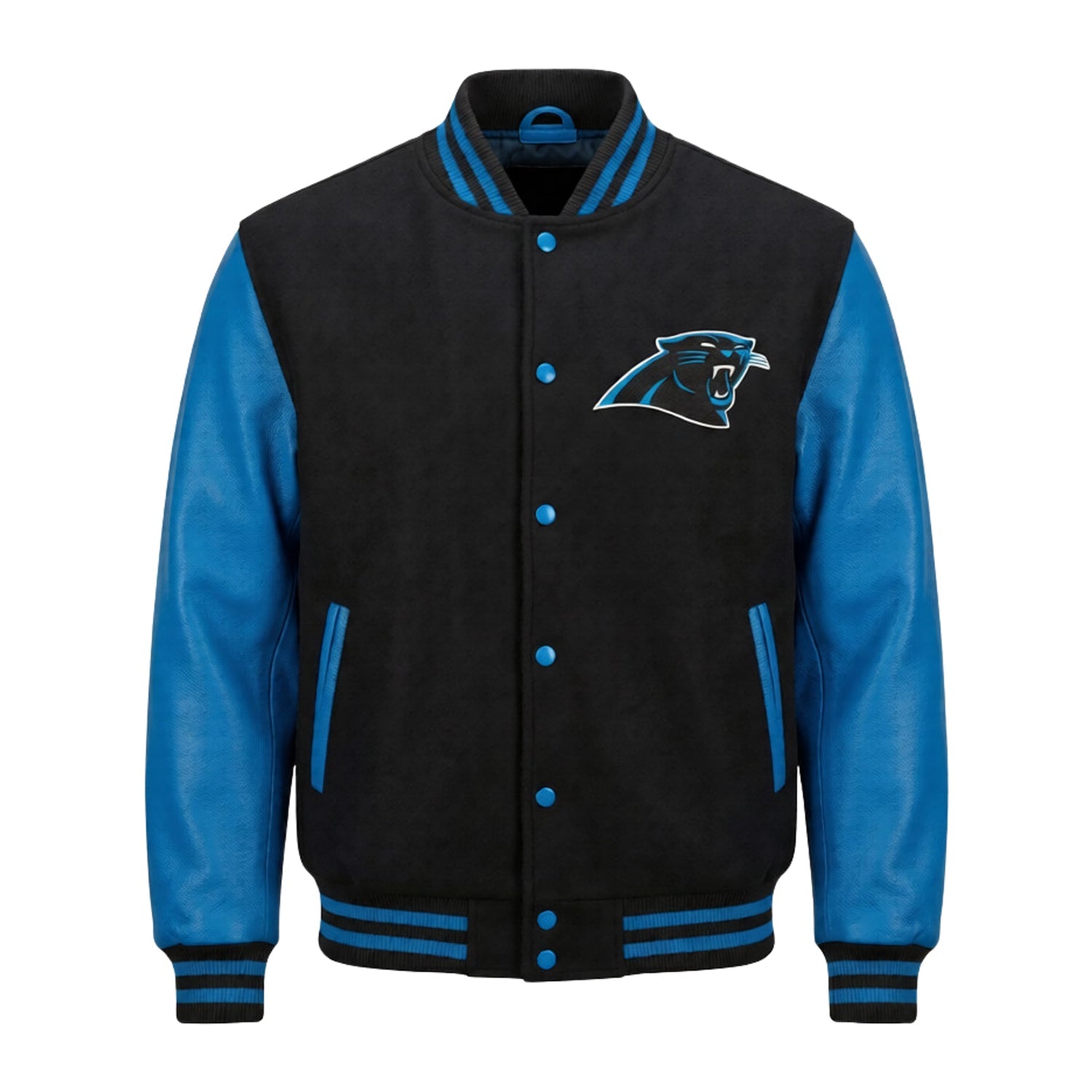 A varsity-style jacket with a black body and blue sleeves, featuring a Carolina Panthers logo on the left chest, blue buttons, and a striped ribbed collar, cuffs, and hem.