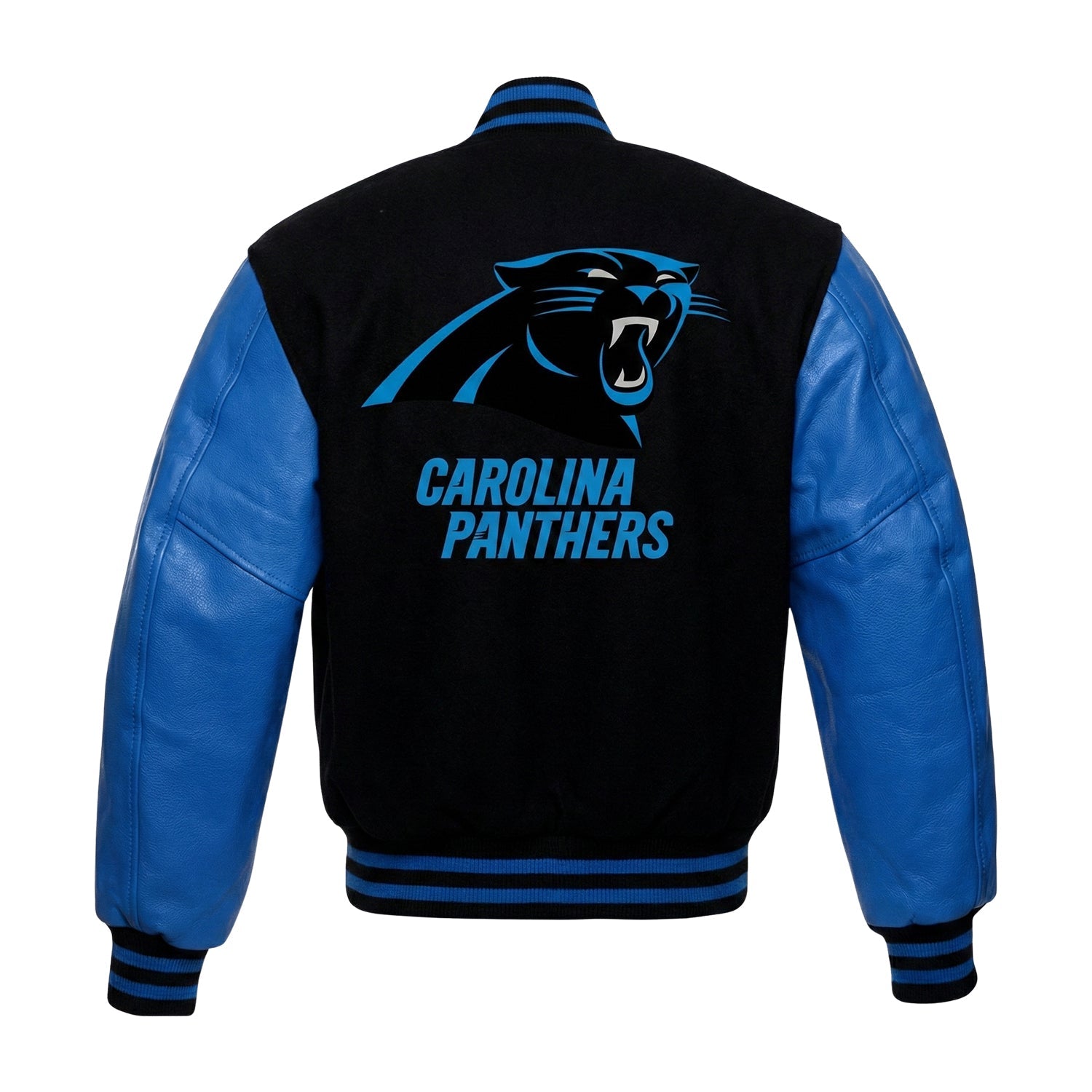 Back view of a varsity-style jacket with a black fleece body, blue faux leather sleeves, and a Carolina Panthers logo and text on the back.