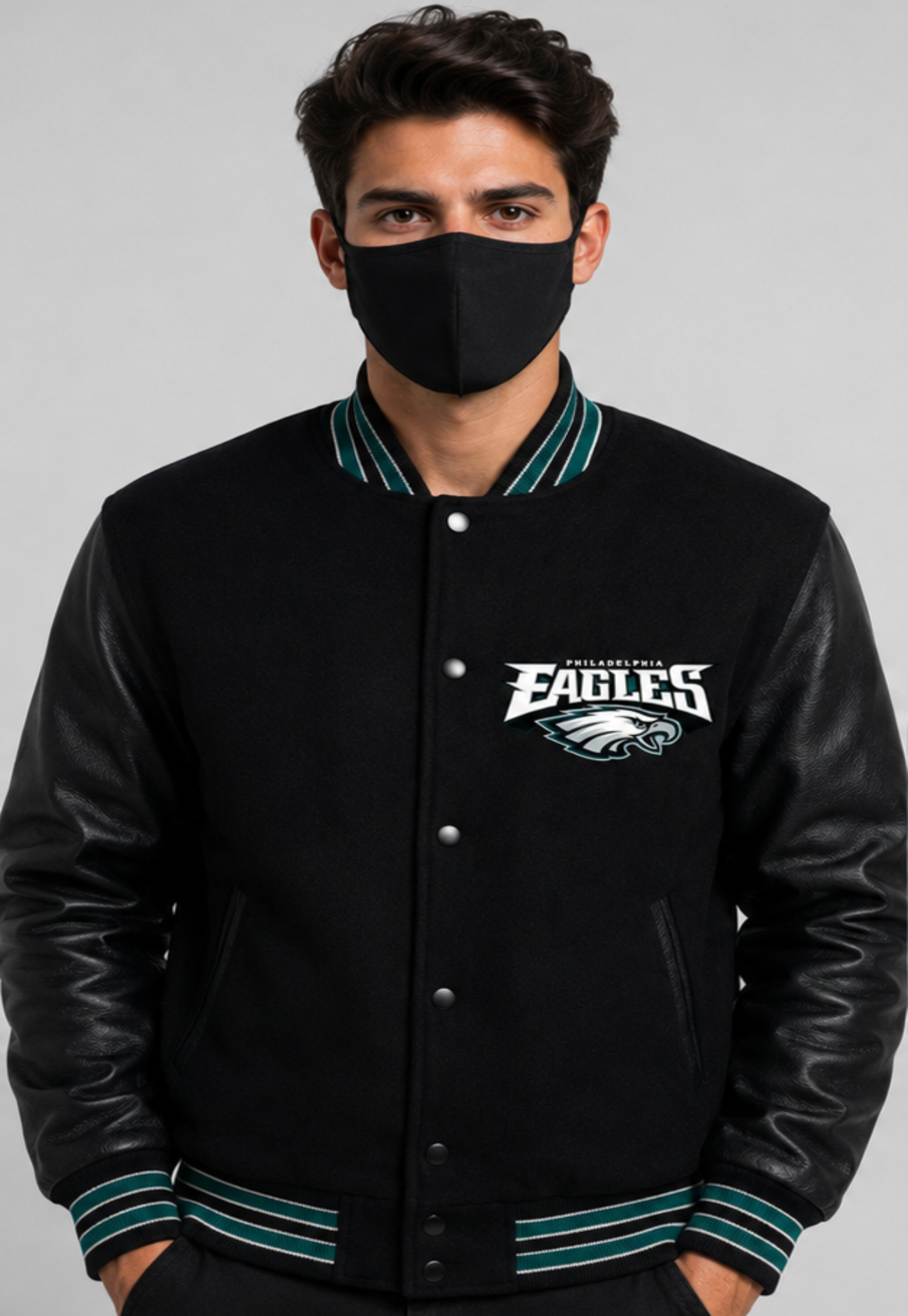 A man wearing a black varsity jacket with black leather sleeves and the Philadelphia Eagles logo on the chest, paired with a black face mask, against a solid gray background.