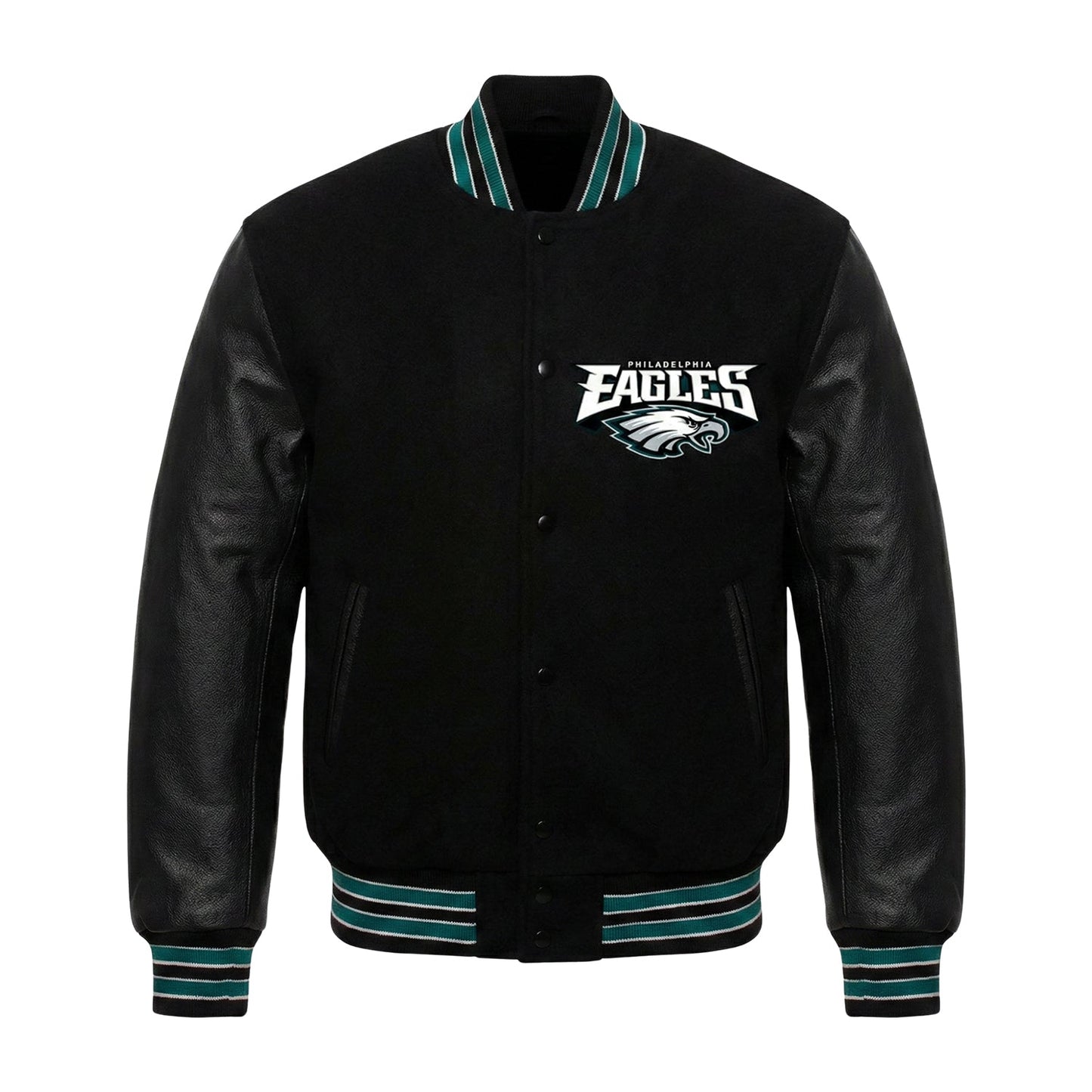A black varsity-style jacket with black leather sleeves, featuring the Philadelphia Eagles logo embroidered on the left chest. The jacket has teal and white striped ribbed trim on the collar, cuffs, and hem.