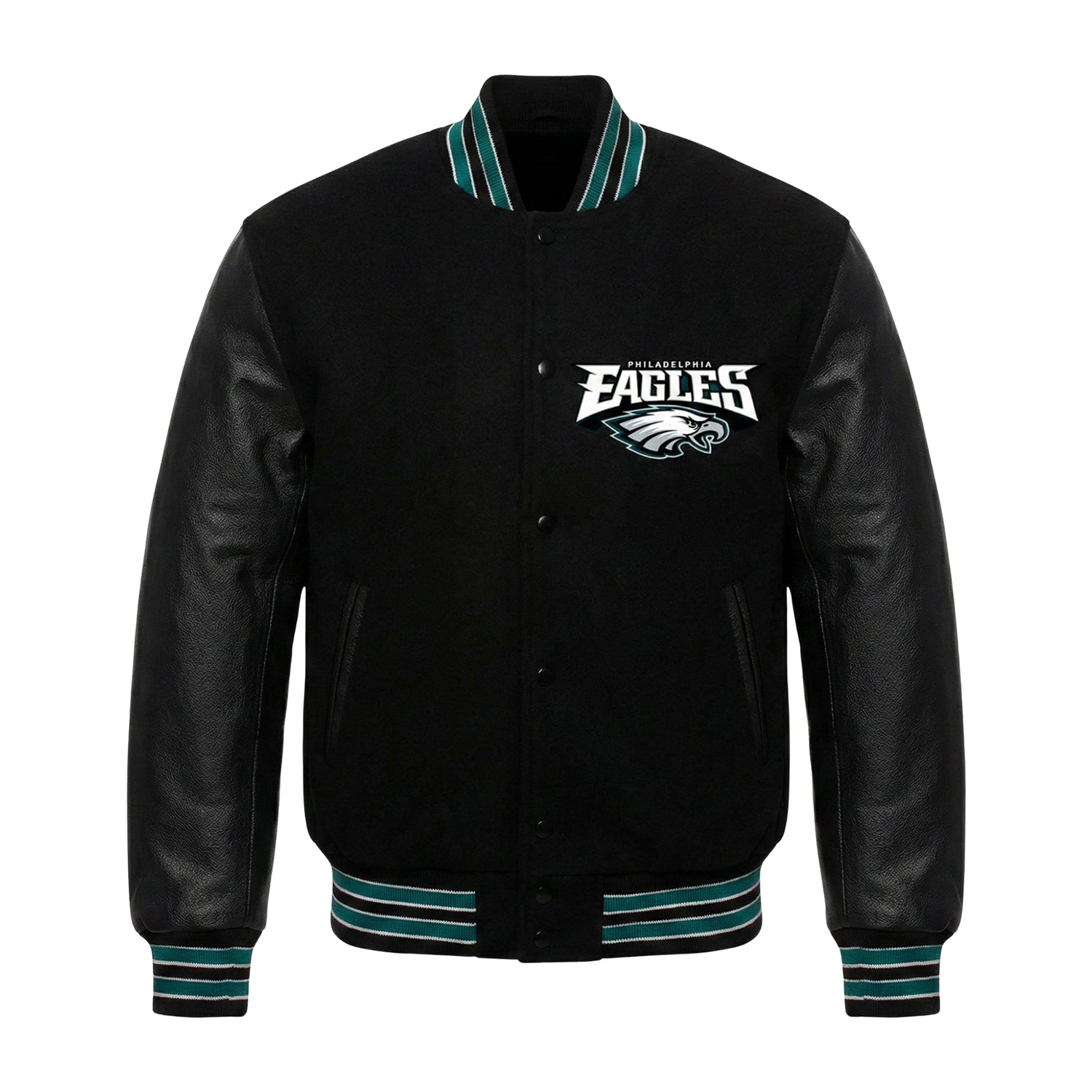 A black varsity-style jacket with black leather sleeves, featuring the Philadelphia Eagles logo embroidered on the left chest. The jacket has teal and white striped ribbed trim on the collar, cuffs, and hem.