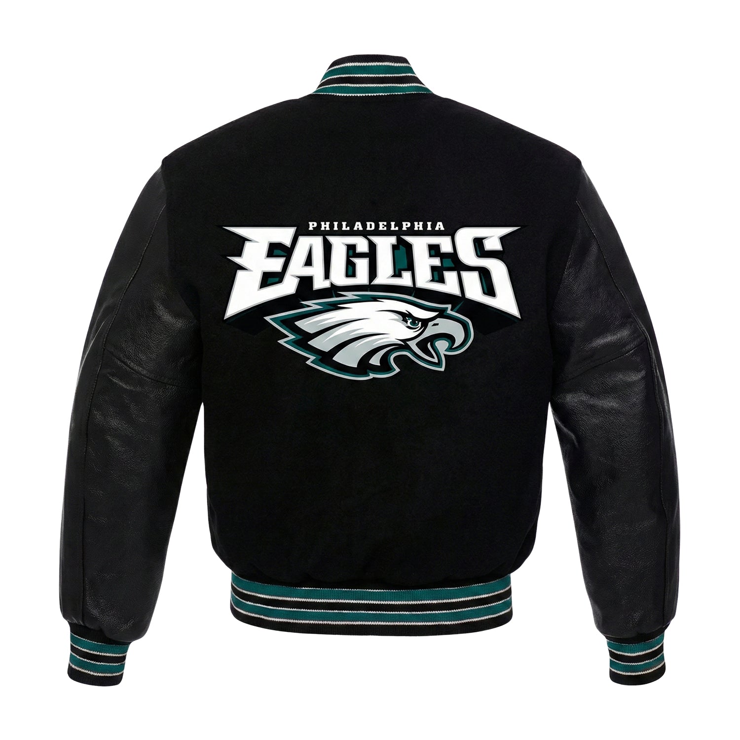 Philadelphia Eagles black varsity jacket shown from the back, featuring a large white and teal team logo on the back, with a black, teal, and white striped ribbed collar, cuffs, and hem.
