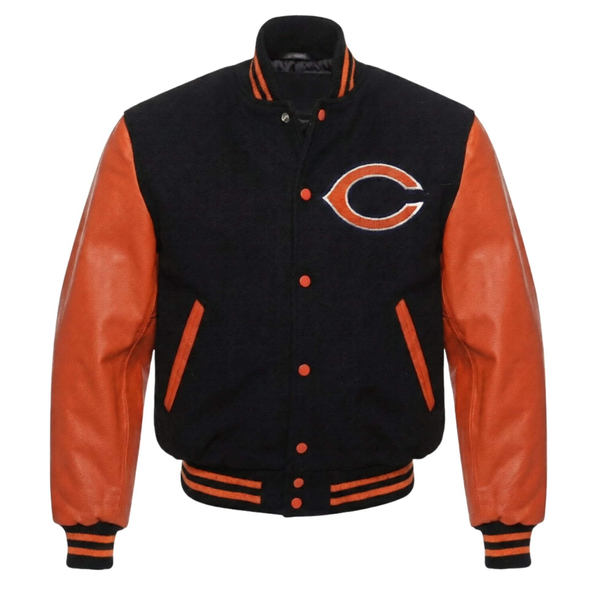 NFL Chicago Bears Black & Orange Varsity Letterman Bomber Jacket for Men & Women