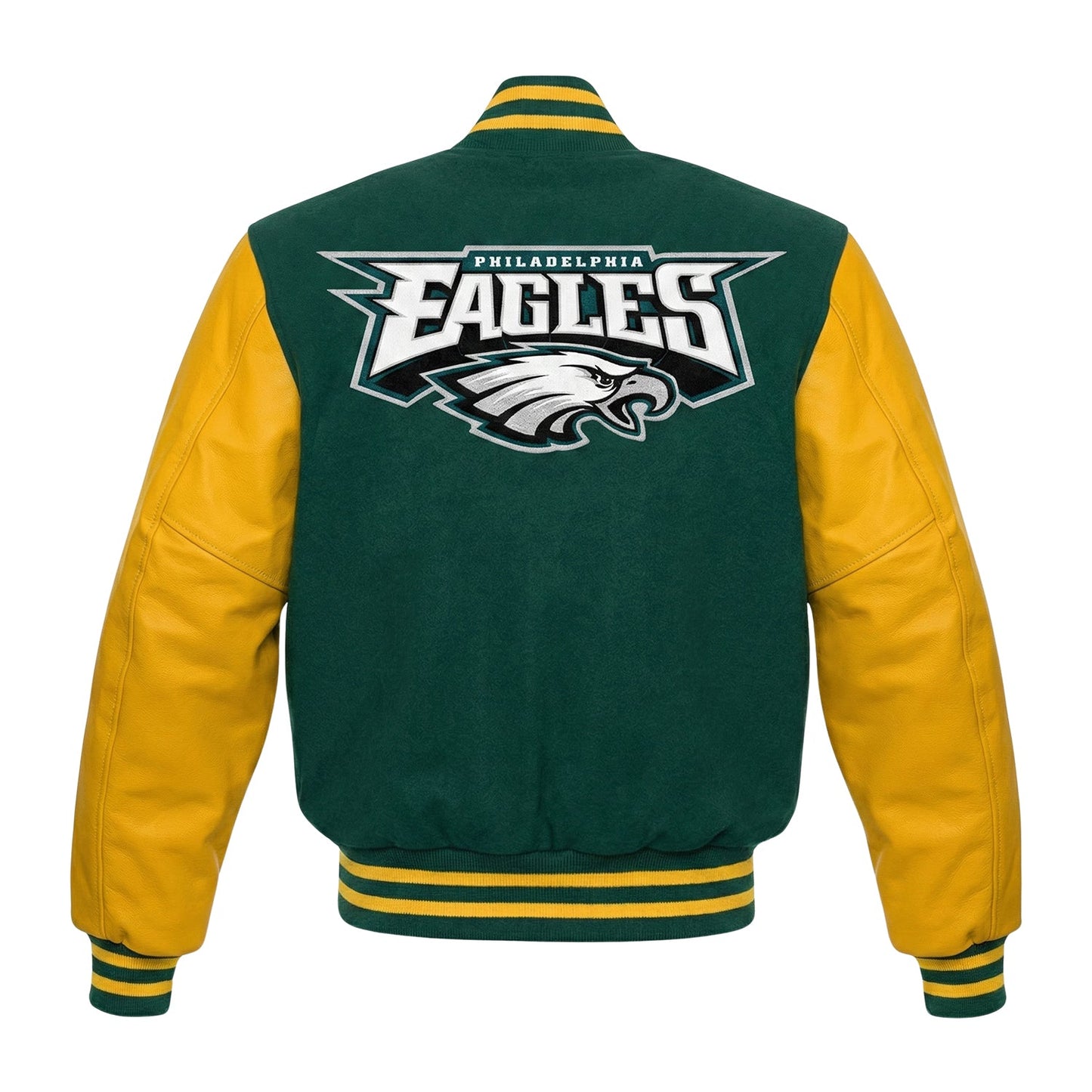 Philadelphia Eagles green and gold varsity jacket shown from the back, featuring a large embroidered team logo on the back and striped ribbed collar, cuffs, and hem.