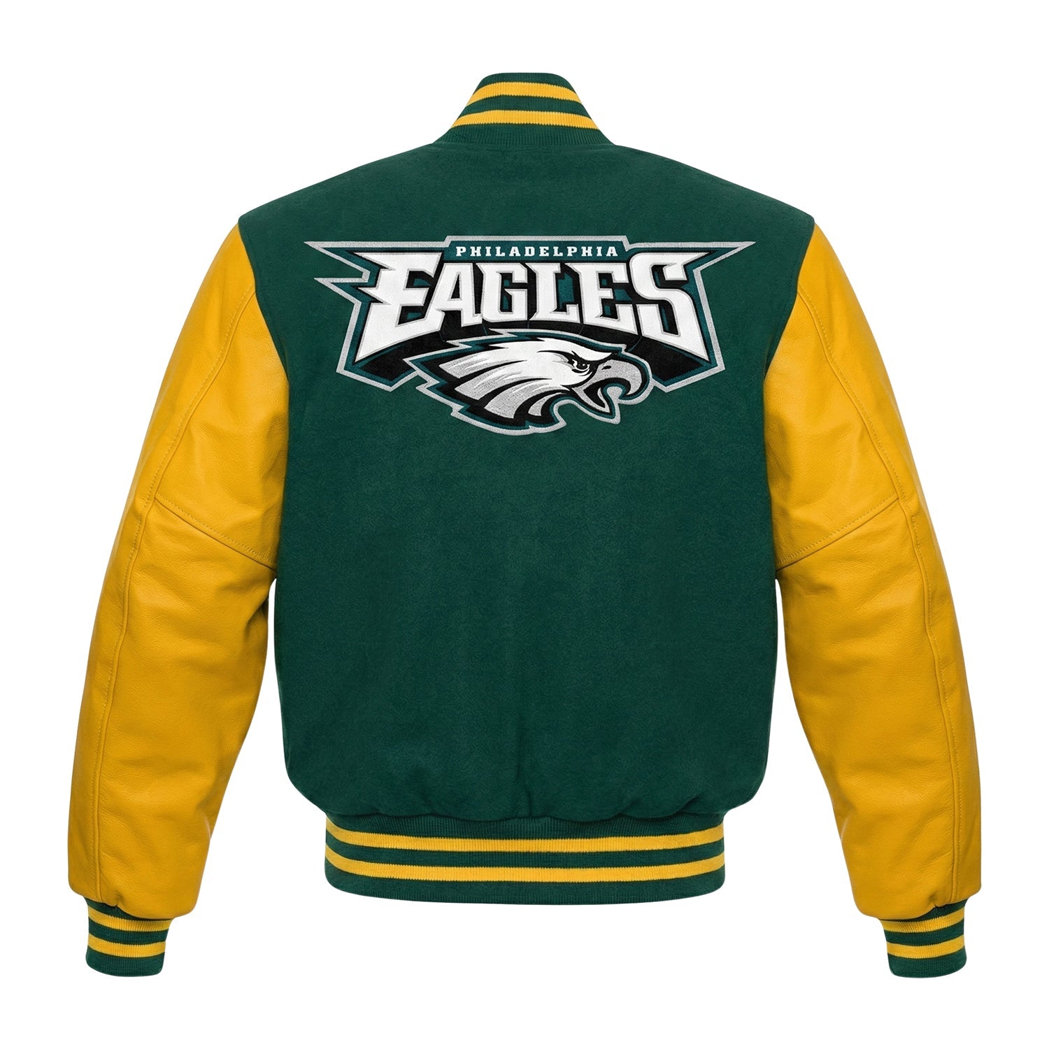 Philadelphia Eagles green and gold varsity jacket shown from the back, featuring a large embroidered team logo on the back and striped ribbed collar, cuffs, and hem.