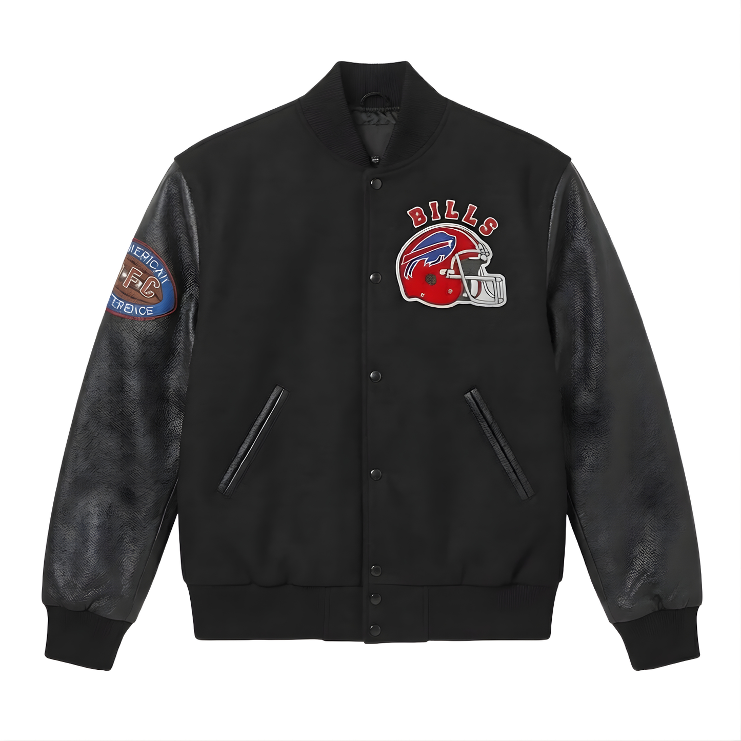 NFL Buffalo Bills Black Varsity Letterman Bomber Jacket for Men & Women