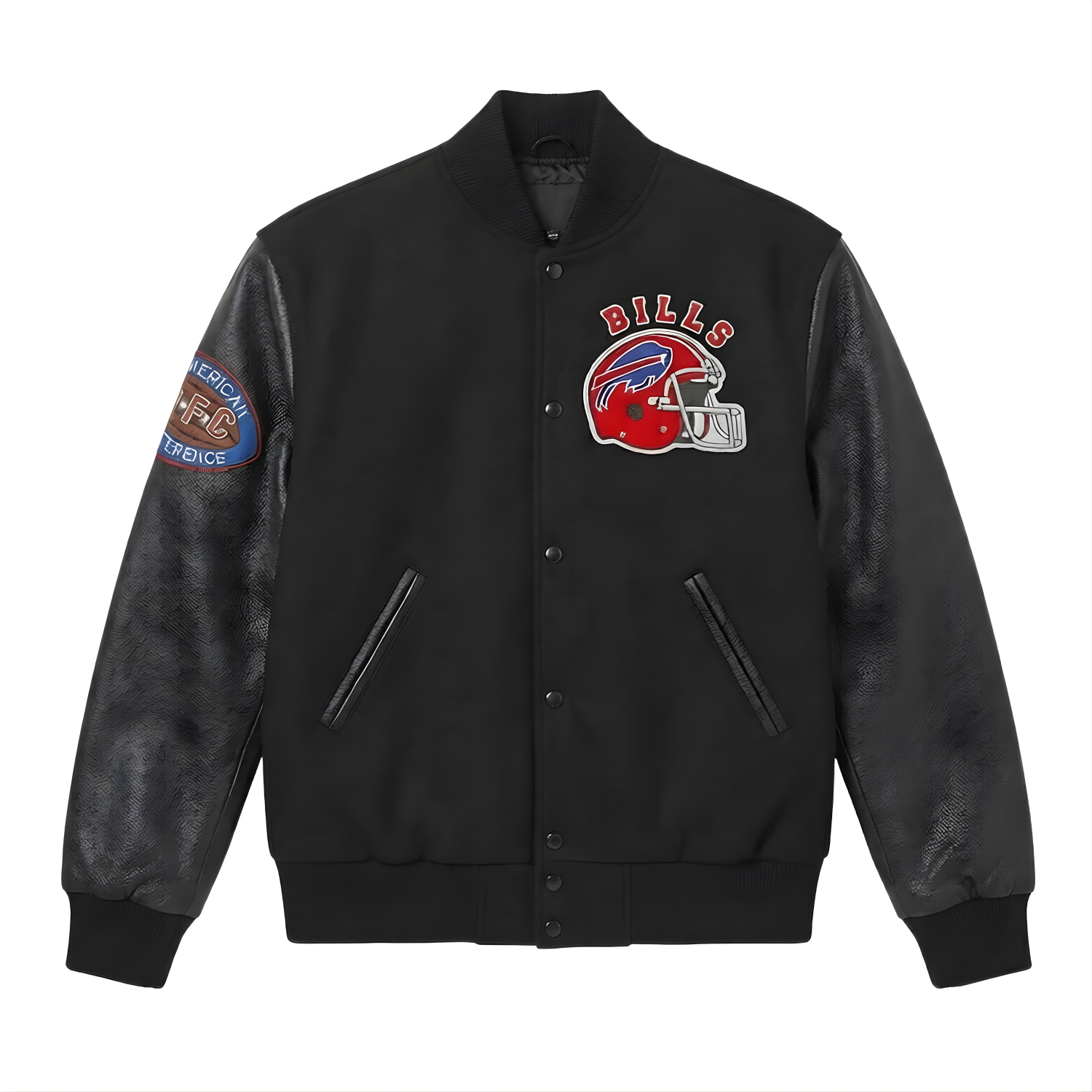 NFL Buffalo Bills Black Varsity Letterman Bomber Jacket for Men & Women