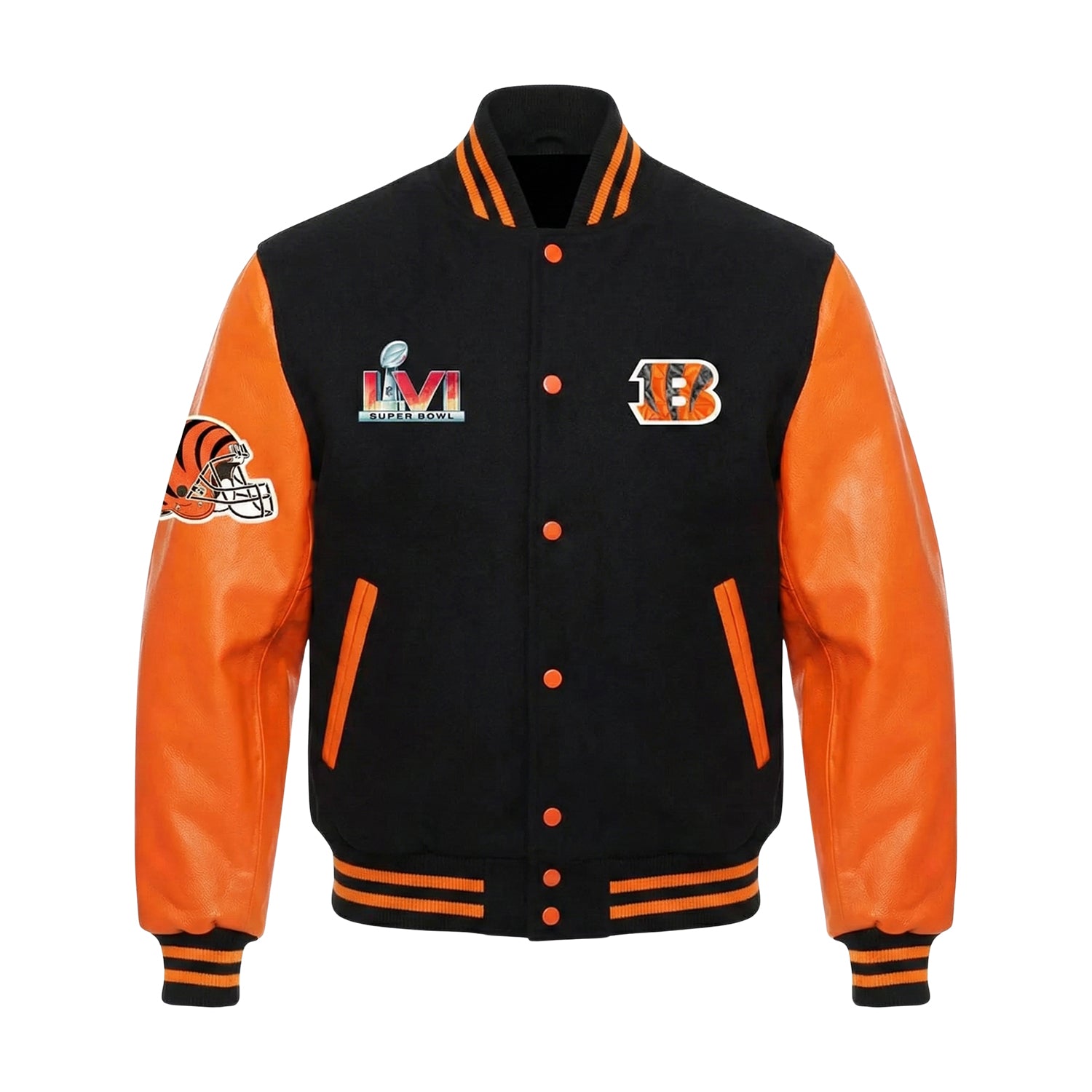 A black and orange Cincinnati Bengals varsity jacket featuring Super Bowl LVI patches on the chest and a team logo patch on the sleeve, shown against a plain white background.
