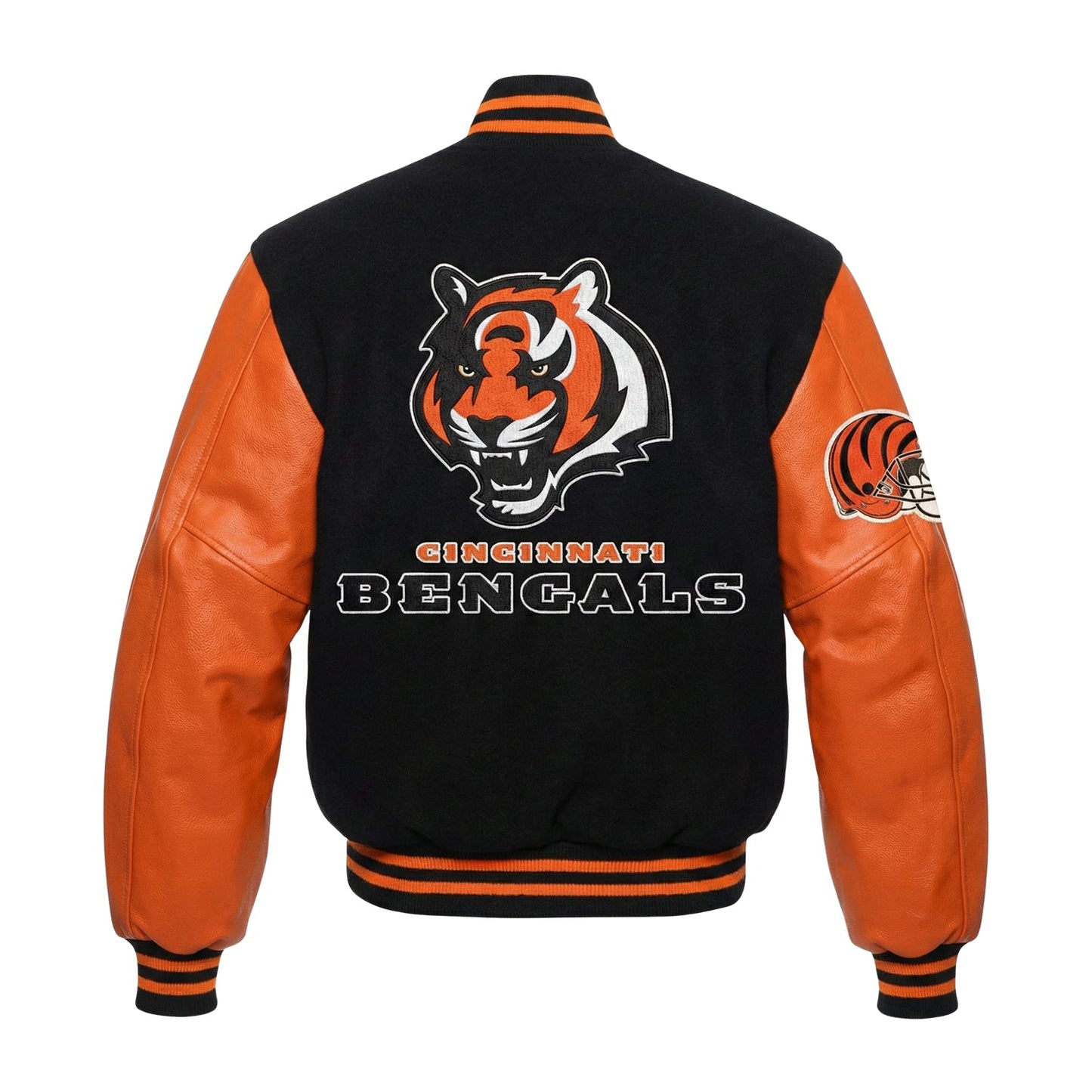 A Cincinnati Bengals varsity-style jacket shown from the back, featuring a black body with orange sleeves, striped black and orange ribbed collar and hem, and large team graphics including a tiger head logo and 'CINCINNATI BENGALS' text.
