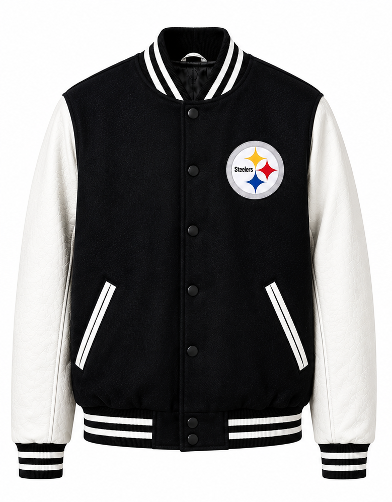 A Pittsburgh Steelers varsity jacket with a black body and white sleeves, featuring the Steelers logo on the left chest and striped ribbed trim.