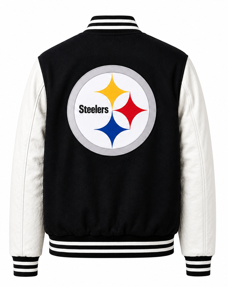 A Pittsburgh Steelers varsity-style jacket shown from the back, featuring a black body with white sleeves and a large circular Steelers logo on the back.