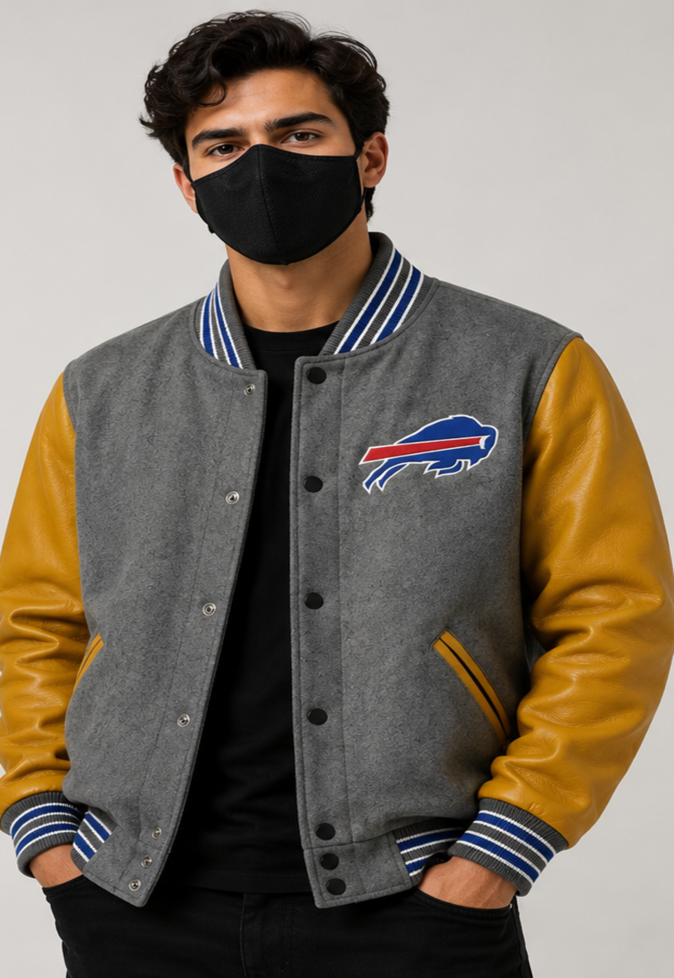 NFL Buffalo Bills Grey & Gold Varsity Letterman Bomber Jacket for Men & Women