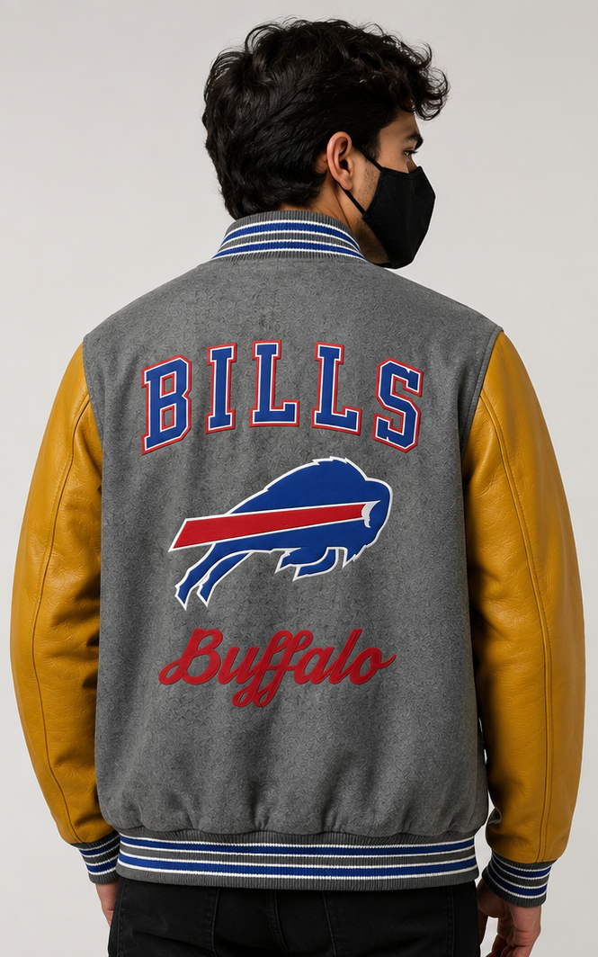 NFL Buffalo Bills Grey & Gold Varsity Letterman Bomber Jacket for Men & Women